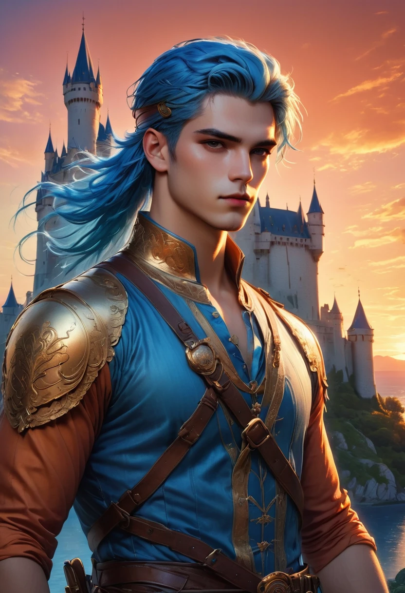 (Ridiculous, high resolution, ultra detailed), 1 male, young people, Bronzed skin. Wear an eye patch over the right eye, blue hair, dramatic lighting, detailed, masterpiece, Stand in front of the castle, sunset light, Red and orange sunset tones