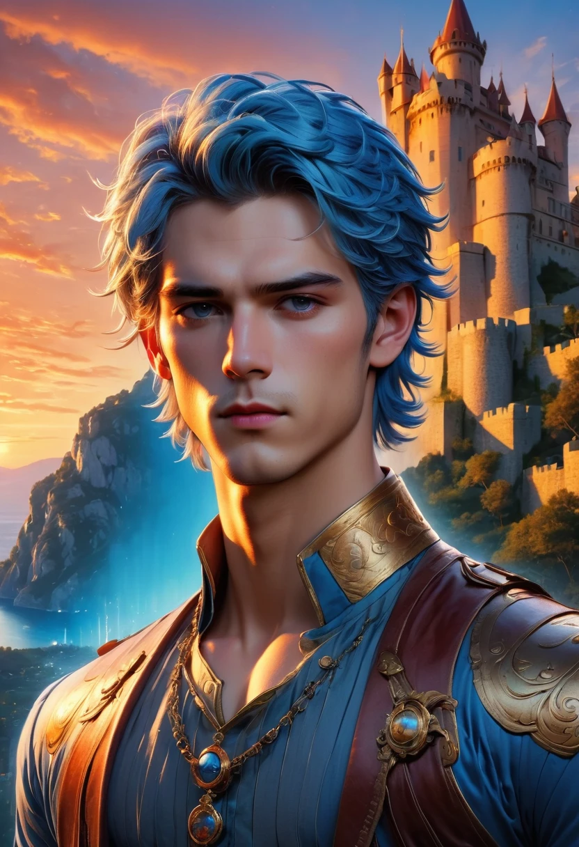 (Ridiculous, high resolution, ultra detailed), 1 male, young people, Bronzed skin. Wear an eye patch over the right eye, blue hair, dramatic lighting, detailed, masterpiece, Stand in front of the castle, sunset light, Red and orange sunset tones