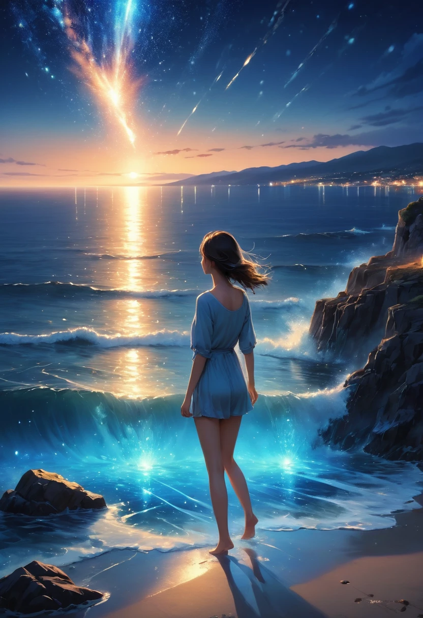 ((masterpiece, best quality)), night, thin clothes, girl, Put one foot in the sea,toes only, girl standing, girl sideways, girl between the horizon and the sea, View from the side, Ripples spread from the toes, The incident site is about 20 meters away, above the sea, night, The whole scene sparkles, There is a meteor shower
