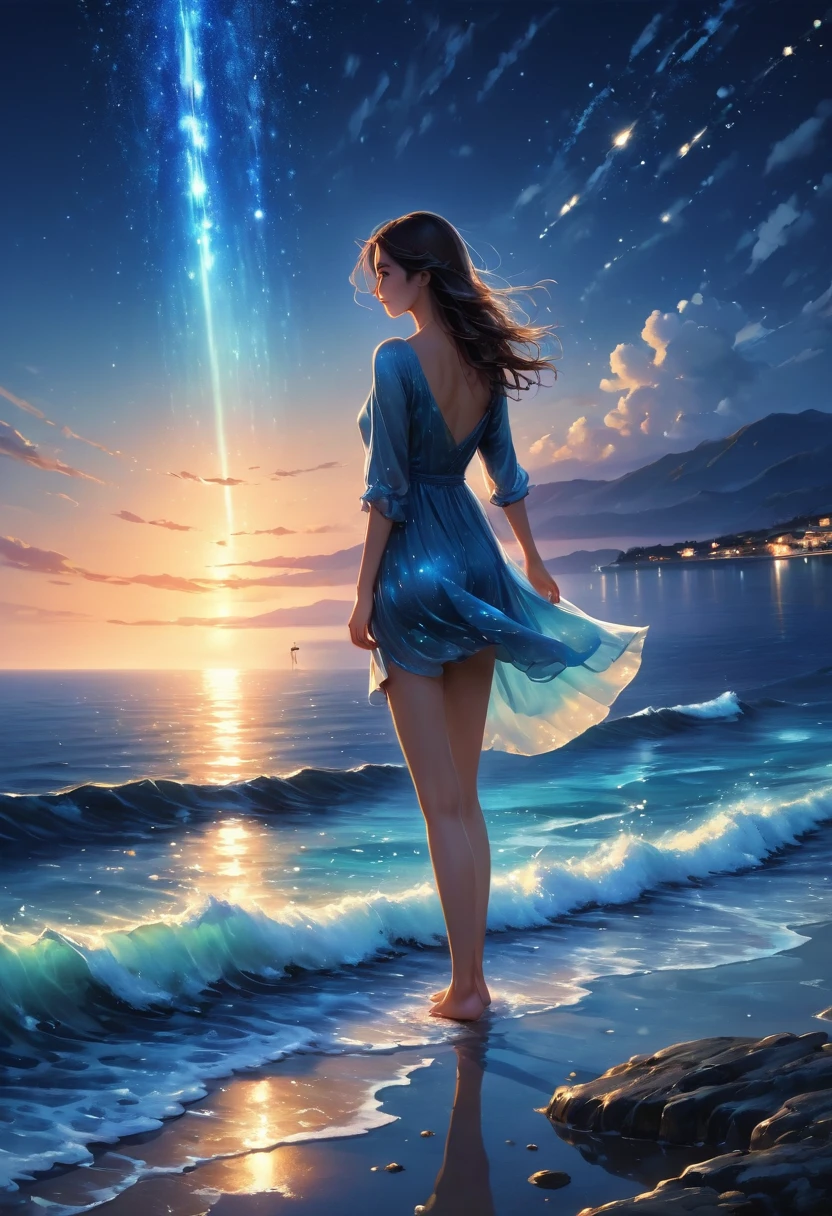 ((masterpiece, best quality)), night, thin clothes, girl, Put one foot in the sea,toes only, girl standing, girl sideways, girl between the horizon and the sea, View from the side, Ripples spread from the toes, The incident site is about 20 meters away, above the sea, night, The whole scene sparkles, There is a meteor shower