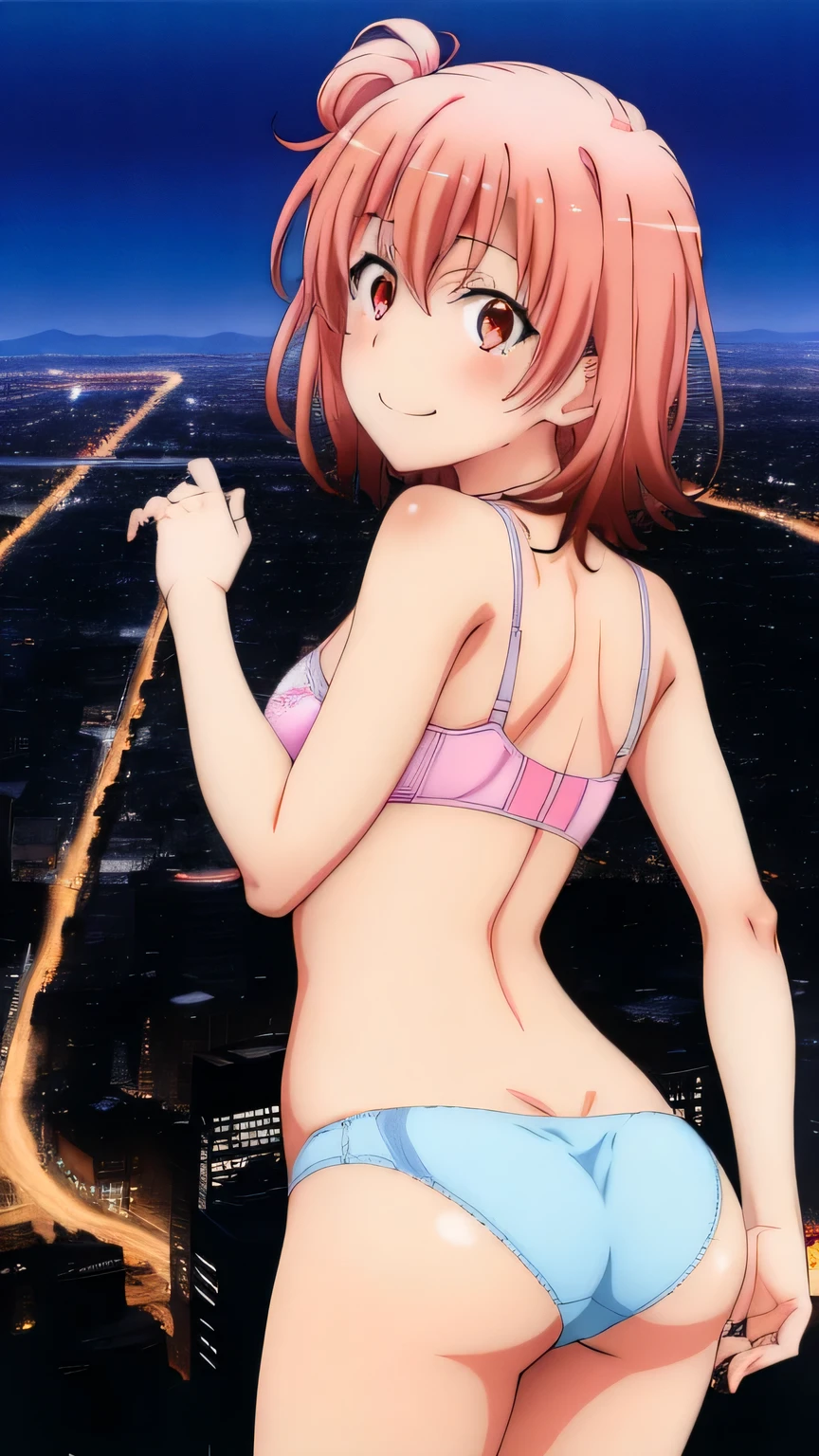 2 girls , , yuigahama yui , jump, Yuigahama Yui has a wonderful big bust and hips...................., waltz dance, In underwear,Light pink bra,back,light pink panties,butt side lace panties,thighs,butt,look at the camera,shy,Troubled smile,blush,high angle,beautiful eyes ,in the city at night