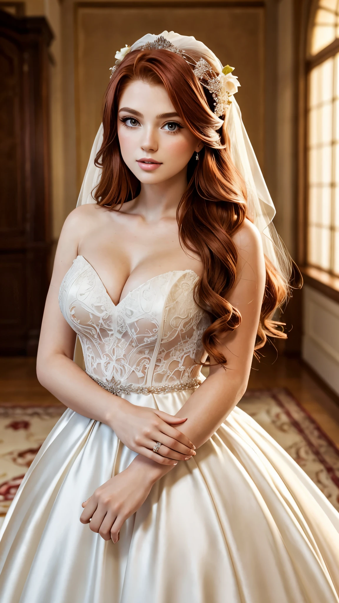 Beautiful redhead girl with brown eyes and long hair wearing wedding dress in elegant room photo shoot masterpiece best quality