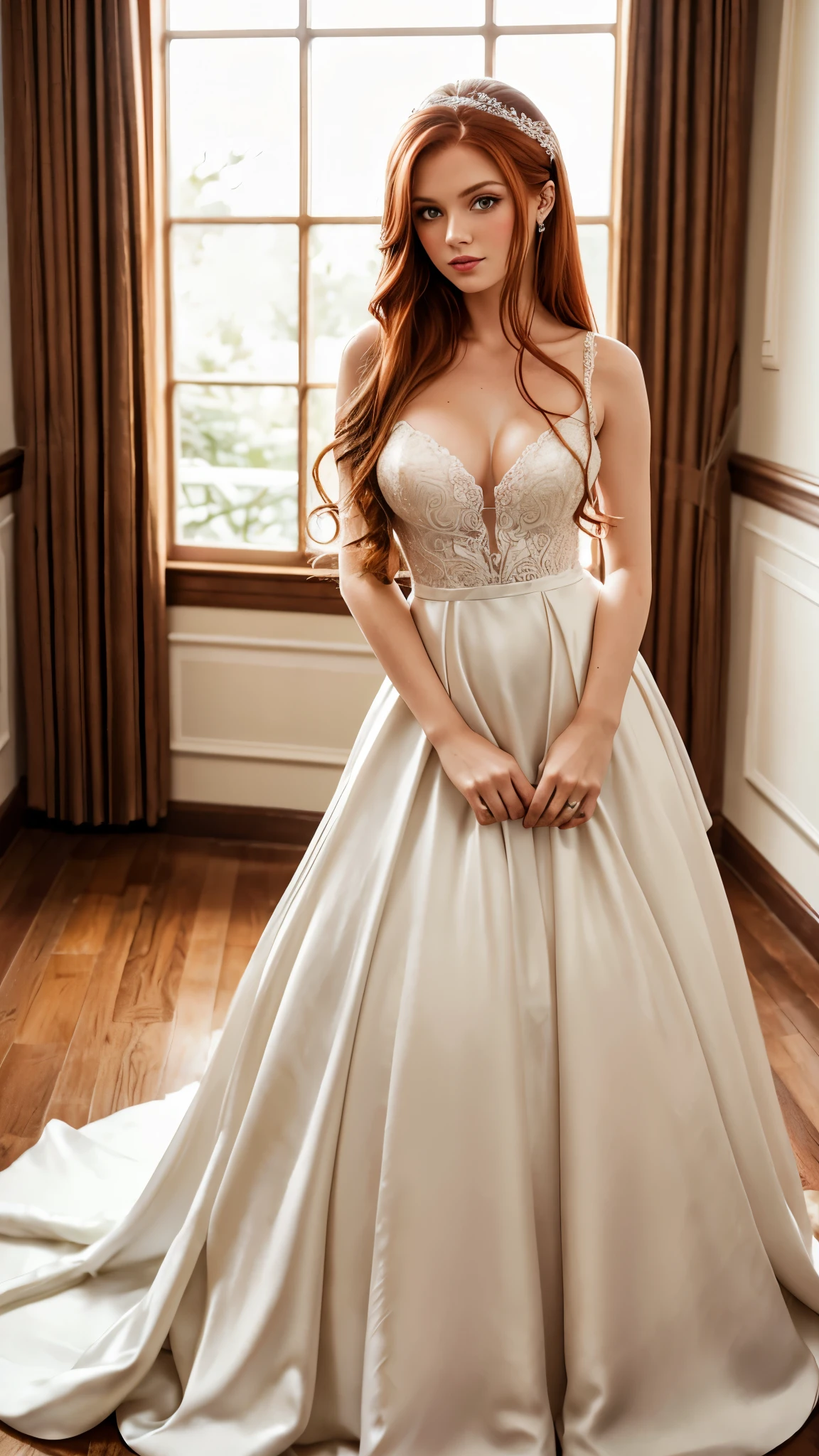 Beautiful redhead girl with brown eyes and long hair wearing wedding dress in elegant room photo shoot masterpiece best quality