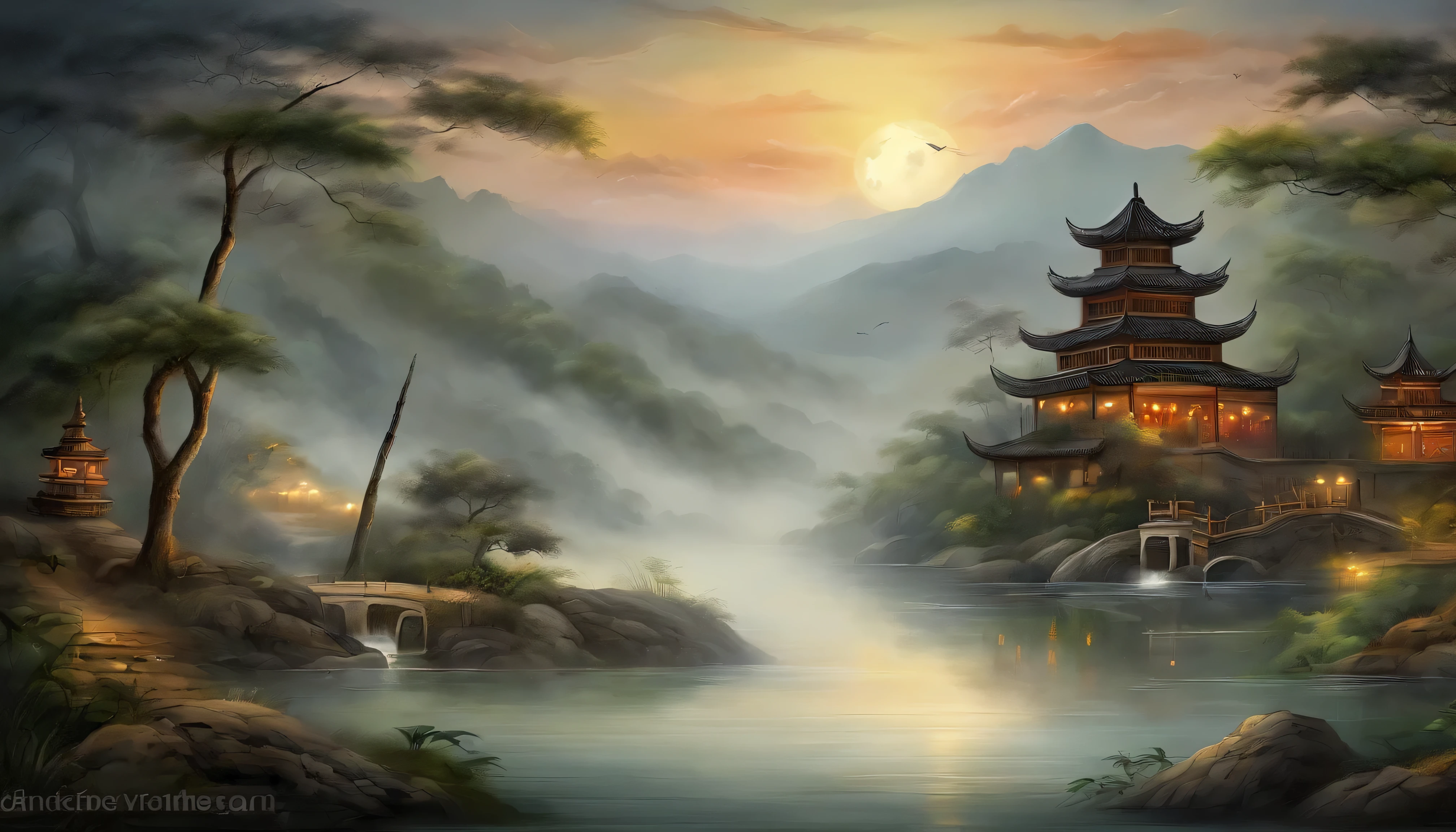 masterpiece,best quality,Chinese martial arts style,an asian night scene with lanterns and water lilies,asian pond with many lanterns and boatsa night scene with many lights and boats in the water, Lake surface, lotus flowers,beautiful night scene,(((Chinese martial arts style))), with vast sky, continuous mountains and steep cliffs, ink wash style, outline light, atmospheric atmosphere, depth of field, mist rising, bamboo, pine trees, octagonal stone pavilion, waterfall flowing water,big full moon