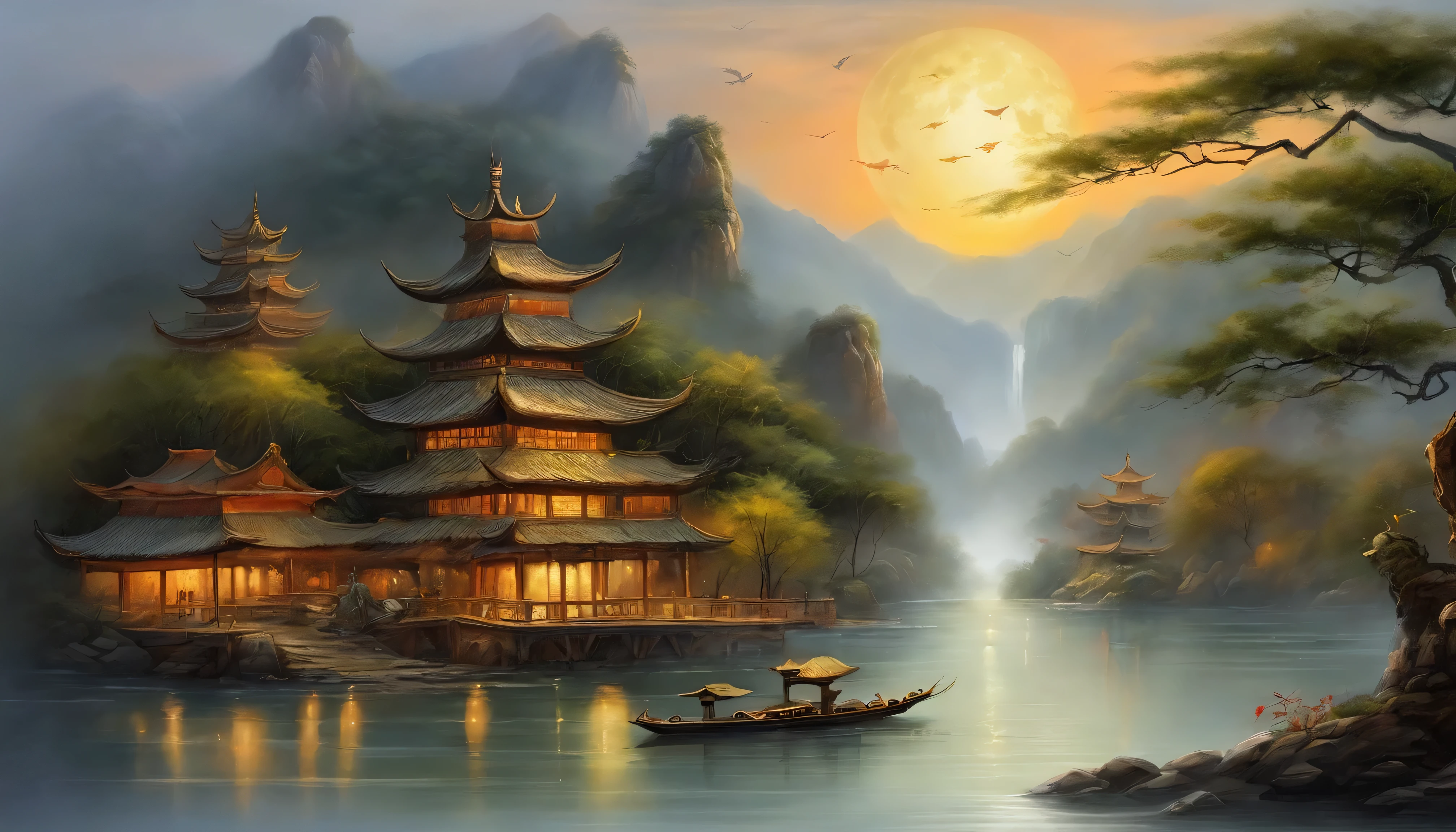 masterpiece,best quality,Chinese martial arts style,an asian night scene with lanterns and water lilies,asian pond with many lanterns and boatsa night scene with many lights and boats in the water, Lake surface, lotus flowers,beautiful night scene,(((Chinese martial arts style))), with vast sky, continuous mountains and steep cliffs, ink wash style, outline light, atmospheric atmosphere, depth of field, mist rising, bamboo, pine trees, octagonal stone pavilion, waterfall flowing water,big full moon