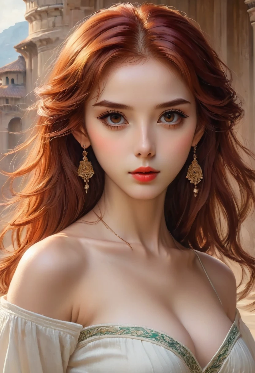 best quality, masterpiece, (actual: 1.2), 1 girl, slim girl, Red hair, brown eyes, front, Detailed face, beautiful eyes, brown eyes, big eyes, small breasts, split, long skirt