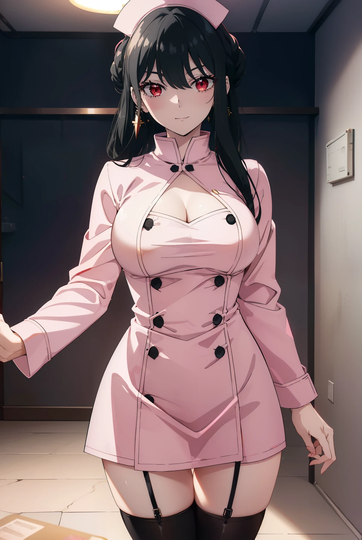 Yorubu Layer, your thorns, black hair, (red eyes:1.5), earrings, gold , long hair, (medium breasts:1.2),happy smile, smile, open your mouth, ,transparent and pink latex, Thighhighs, cleavage, kneel down, pink panties, nurse cap, nurse, 
break indoors,hospital,
break looking at viewer, (cowboy shot:1.5),
break (masterpiece:1.2), highest quality, High resolution, unity 8k wallpaper, (figure:0.8), (detailed and beautiful eyes:1.6), highly detailed face, perfect lighting, Very detailed CG, (perfect hands, perfect anatomy),