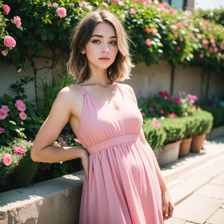 8k, RAW photo, Fujifilm, style photo of a beautiful young woman as avril in a garden of light pink roses (highly detailed skin: 1.2) Style-Petal BREAK short hair, blonde hair with colored locks, wearing a sheer sundress, film granulation, 35mm, cute style