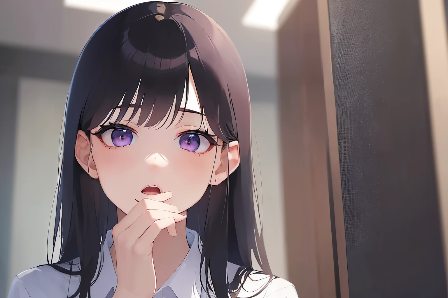 Biologically correct five fingers、Covering mouth with hand, Upper Body, Realistic, real person, (pale skin: 1.2), RAW photo, photorealistic, portrait photography, shiny skin, japanese idol、shiny hair、(25 year old woman with straight medium hair with bangs) and (black hair) and (purple eyes) , (gray suit:1.2) and (white collared shirt) and (long sleeve) 、surprised, open mouth, The background is a company conference room、Alone、Are standing