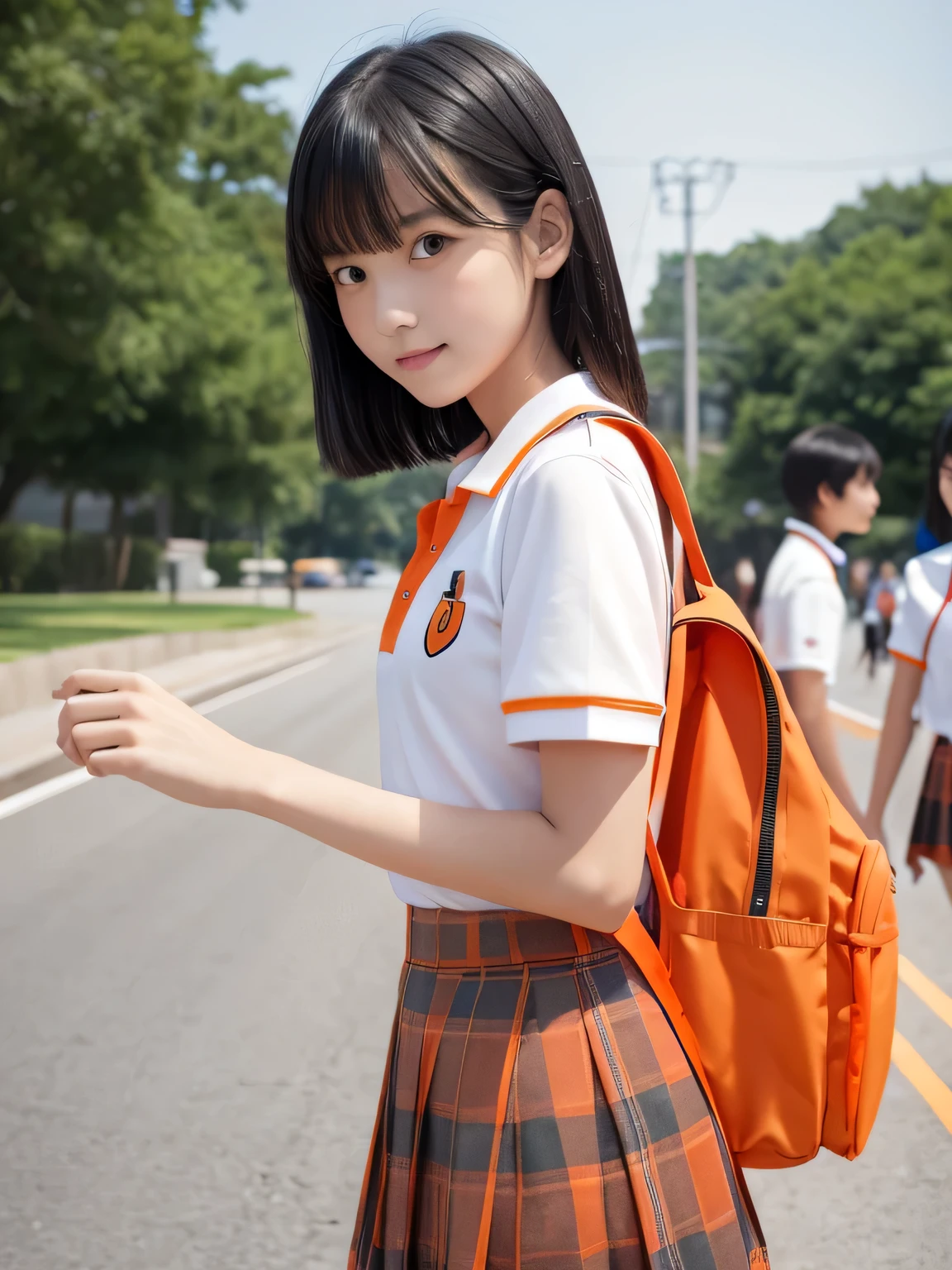 half cut、shiny black hair、white polo shirt uniform、Red and orange check pattern on gray skirt、orange backpack、slender limbs、skinny、A girl around 、absent-minded expression