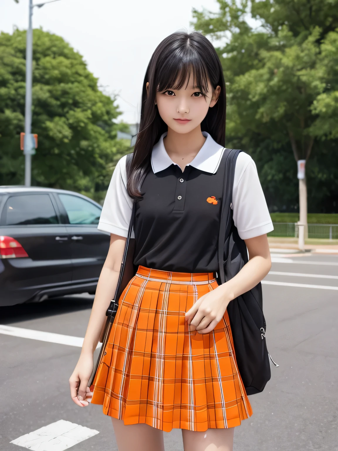 half cut、shiny black hair、white polo shirt uniform、Red and orange check pattern on gray skirt、orange backpack、slender limbs、skinny、A girl around junior high school age、absent-minded expression