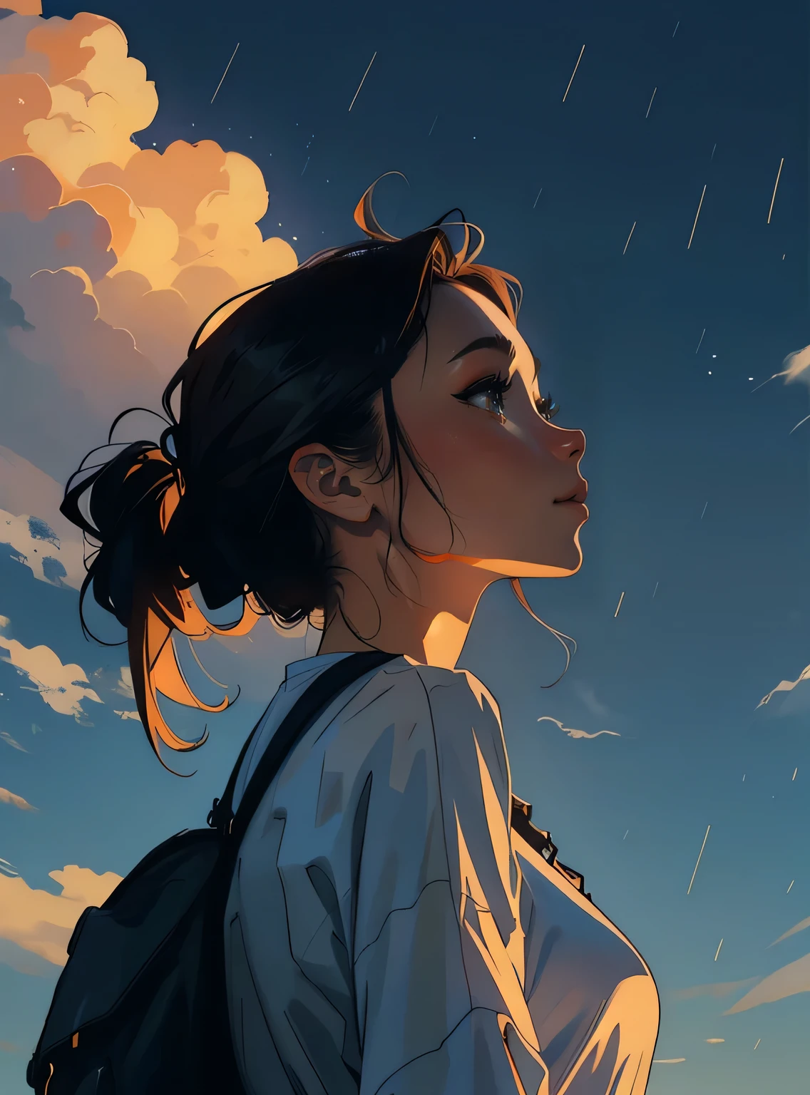 Vast sky, The sun shines,the wind blows and the rain falls.,beautiful skyline, white clouds,wide meadow, Intense tension and dramatic video, moving visual effects, hanging north star, colorful natural light. A girl with a long-sleeved top, A tough look,girl name, perfect and ass, and backpack,look up at the sky