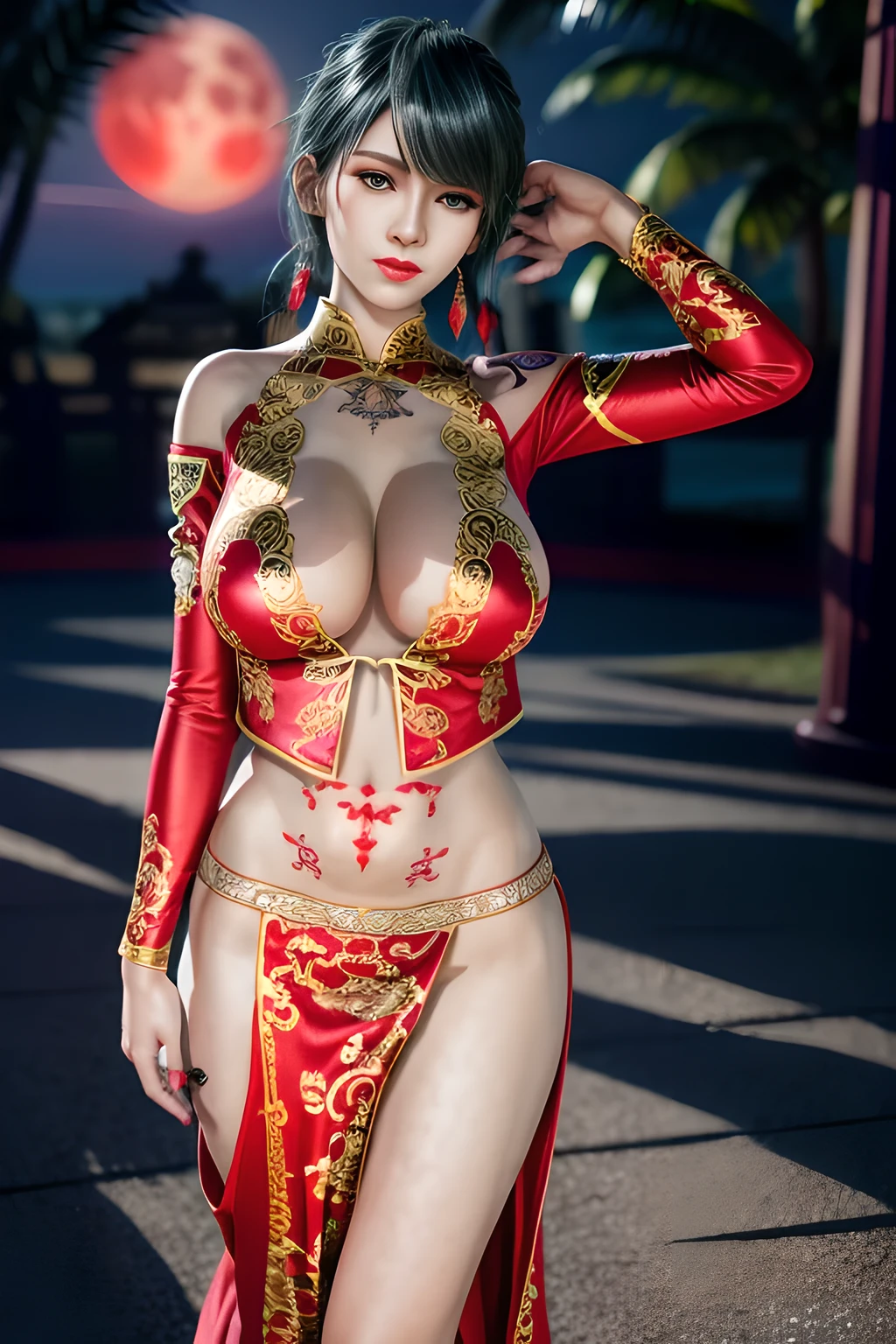 1 girl,standing posture,Dancing sleeves,nighttime,RED moon,(( ancient Hanfu)),gem tassel,( huge breasts),cleavage,shiny skin, red lips,( tattoos:1.3), masterpiece, best quality, realistic ,Rich artistic colors, 8K,Portrait art,solo, tamaki