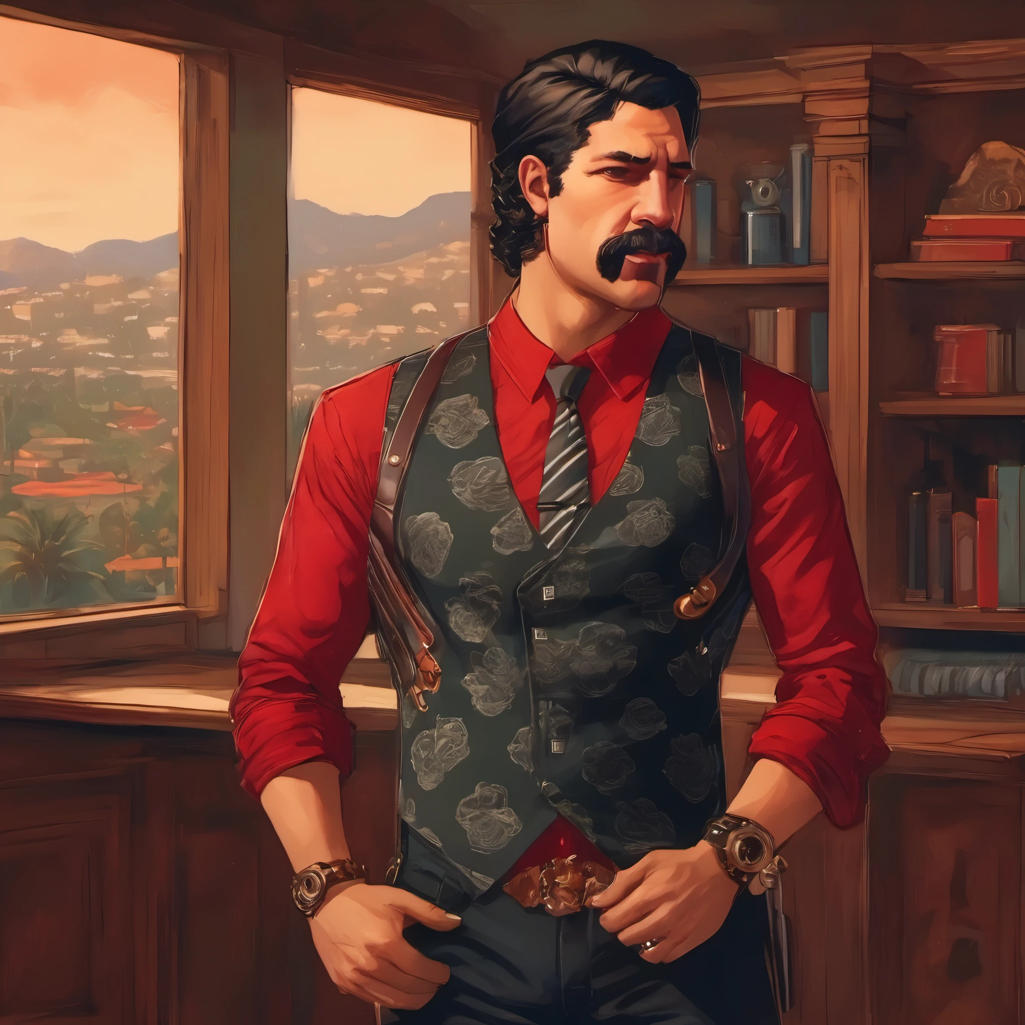 (obra maestra, Mejor calidad:1.2), 1 chico, solo, thenahualli, serious, dangerous man, elegant, elegante, black vest, red shirt, standing, vigilando, actitud vigilante, en casa de lujo en Beverly Hills, casa de lujo moderna y elegante.