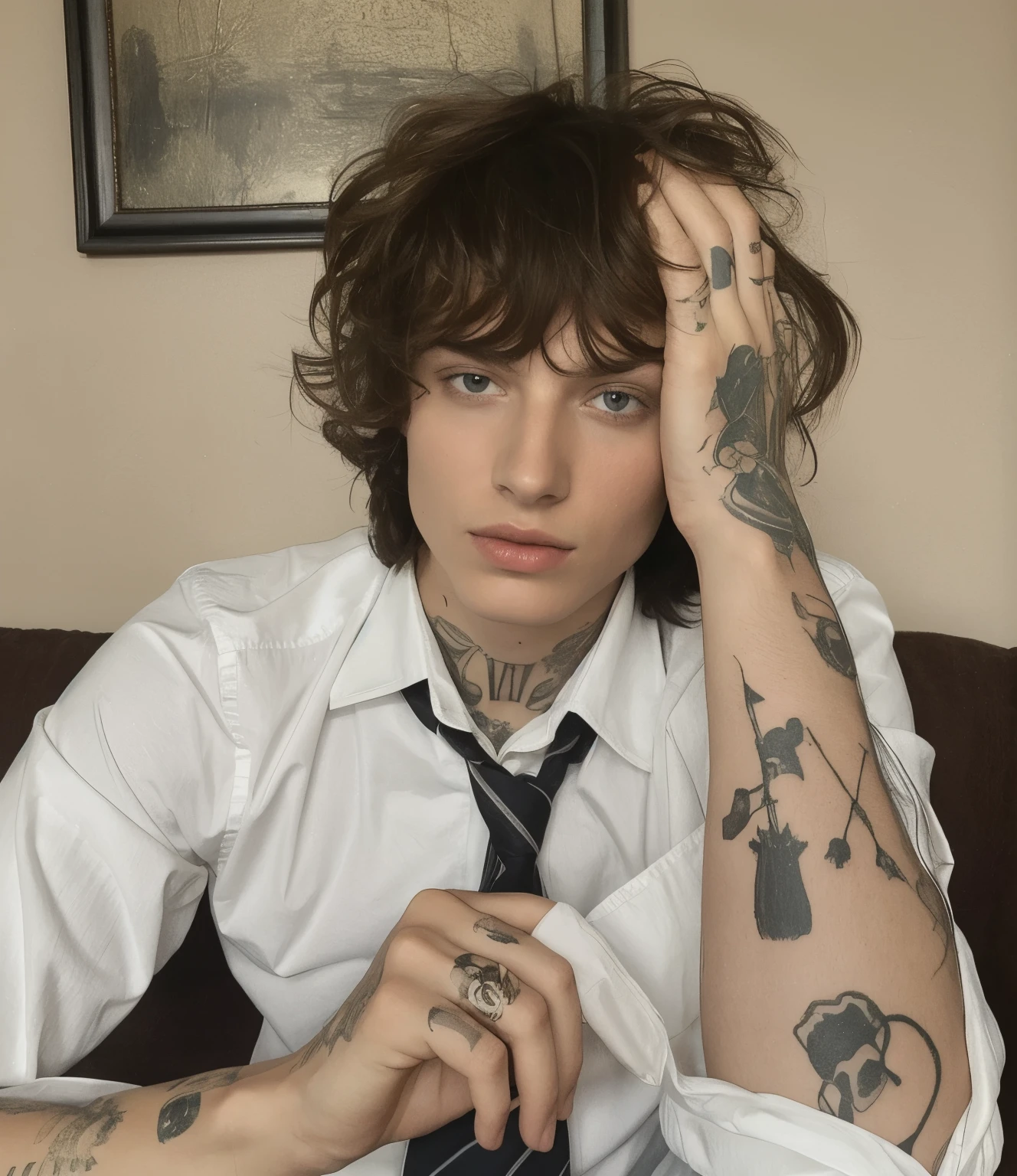chiseled man with tattoos on his arms and neck sitting on a sofa, delicate androgynous prince, androgynous, androgynous male, androgynous person, estilo de seb mckinnon, beautiful androgynous prince, Finn Wolfhard, androgynous face, androginia, beautiful androgynous girl, taken at the beginning of 2020