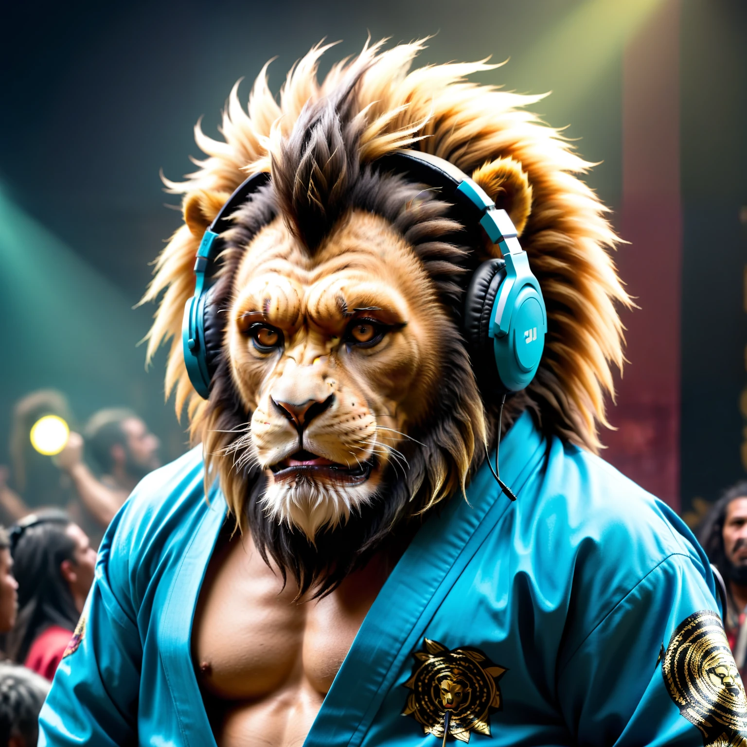 Grunge style a Lion with headphones on his head, and jiu jitsu kimono fones de ouvido dj rave, hq Papel de parede 4k, papel de parede 4k, papel de parede 4k, arte de fundo, macaco entediado nft, gorila, Papel de parede 4k, papel de parede 4k, 4K high resolution, like gorila, cinematic papel de parede 4k, cinematic Papel de parede 4k, 3d monkey shaman profile portrait, artistic 4 k . texturizado, angustiado, Vintage, nervoso, punk rock vibe, sujo, barulhento