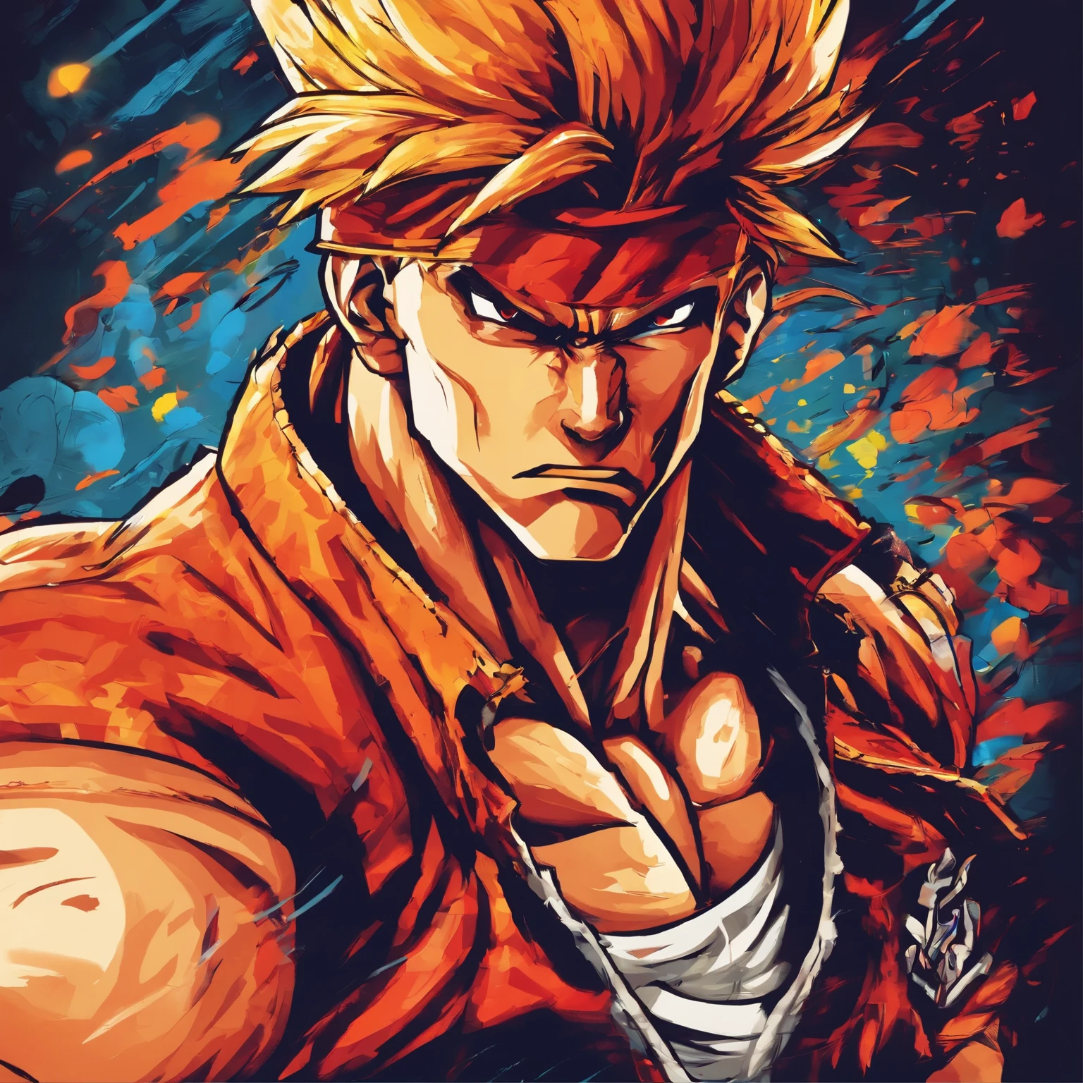 The King of Fighters character,Arcade style,Intense fighting,retro pixel art,dynamic scene,close-up,Light and shadow effects,high contrast