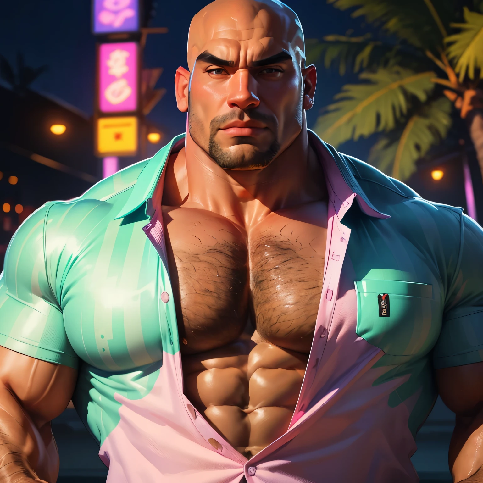 an exaggeratedly muscular and large bald bodyguard, beefy build, mixed race, (wearing tropical vacation shirt: 1.2), (bara pecs: 1.3), (arm and chest hair: 1.1), close-up portrait HD, night club with pink lights