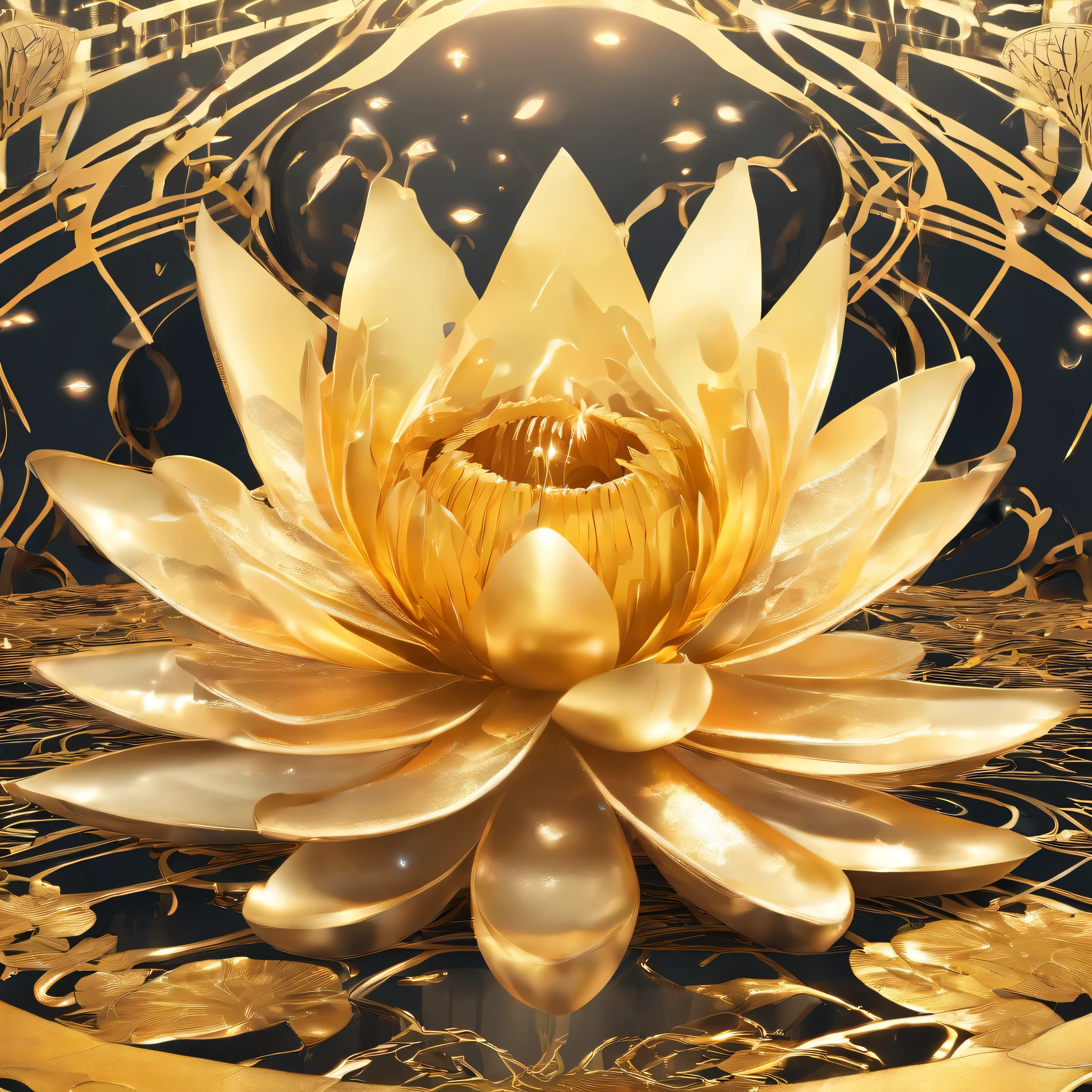 A golden water lily, lotus petals, radiating golden light, Lotus, with lotus flowers, glowing golden aura, a golden halo, soft golden light, glowing delicate flower, lotuses, gold ethereal light, gold flowers, sitting on a lotus flower, gilded lotus princess, Golden glow, Golden light, golden background with flowers, (extremely detailed CG unity 16k wallpaper:1.1), (Denoising strength: 1.45), (tmasterpiece:1.37), ray tracing, god rays, UHD, award winning
