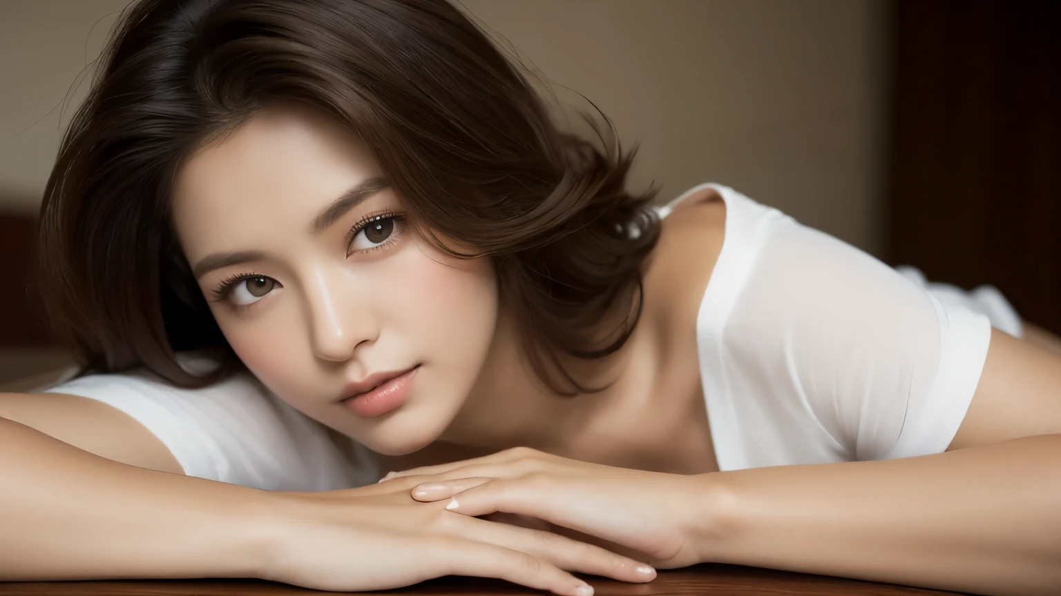 （best quality，high resolution，masterpiece：1.3），a beautiful girl，Lie on the table，Turn your back to the camera，Lift your ass，whole body，dark brown hair，loose waves，Big ，V-neck white shirt，Details on faces and skin textures are beautifully rendered，charming eyes，double eyelids