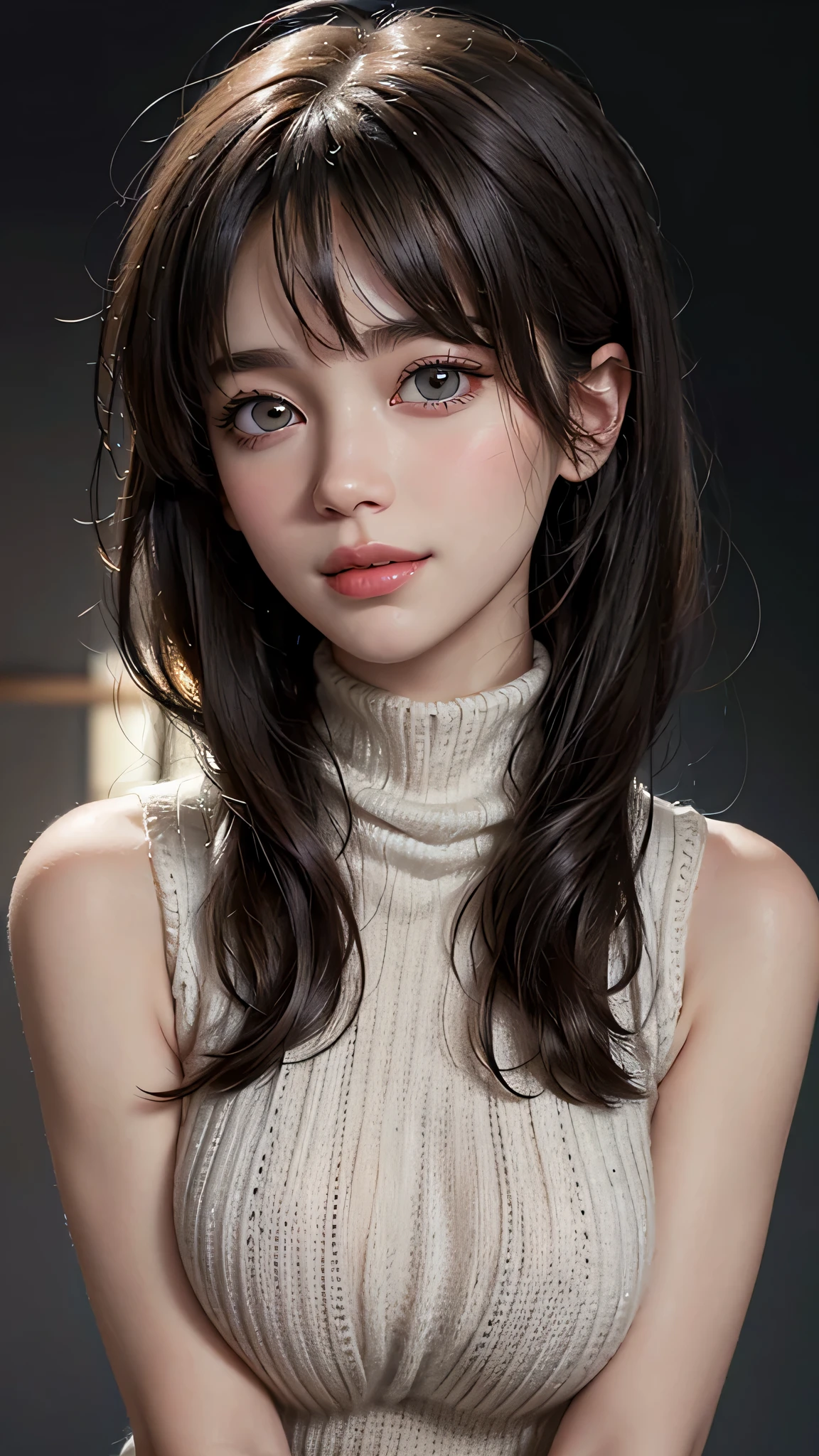 (UHD, retina, masterpiece, accurate, anatomically_correct, textured_skin, super_detail, high_details, high_quality, best_quality, high_res, 1080P, HD, 4K, 8k, 16k), (beautiful_detailed_eyes, beautiful_detailed_lips, extremely_detailed_eyes_and_face), soft_lighting, physically-based_rendering, vivid_colors, (large_breasts:1.5), (shiny_hair, shiny_skin, tanned_skin, blush), (bangs:1.5), eye_reflection, (bokeh), smile_and_laugh, (sleeveless_turtleneck_knit:1.5), from below,