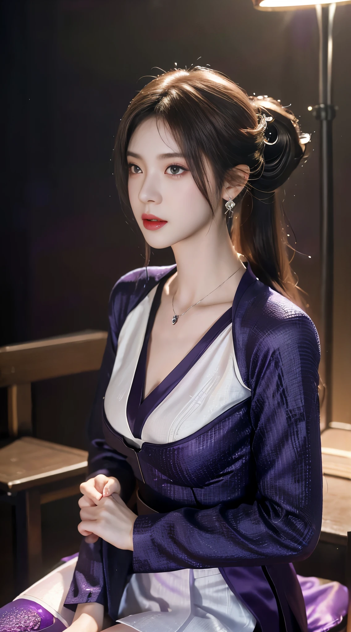 1 Beauty in Hanfu, Thin purple silk shirt，White，Variety of textures, White蕾丝上衣, Platinum purple long ponytail, hair accessories, earring, light purple rabbit ears, Necklaces and Necklaces, Carefully drawn big purple eyes, Detailed makeup, thin eyebrows, high nose, cute red lips, no smile, purse lips, red face, broad chest, big breasts , Well-proportioned breasts, slim waist, Purple fishnet stockings, Chinese Hanfu style, fictional art texture, The colors are vivid and true to life, original photo, Realistic photos, Ultra-high quality 8k hyper-realistic photos, (Effective fantasy lighting effects: 1.8), 10x pixels, magic effect (background): 1.8), super detailed eyes, Girl body portrait, solo girl, 古代汉服background,