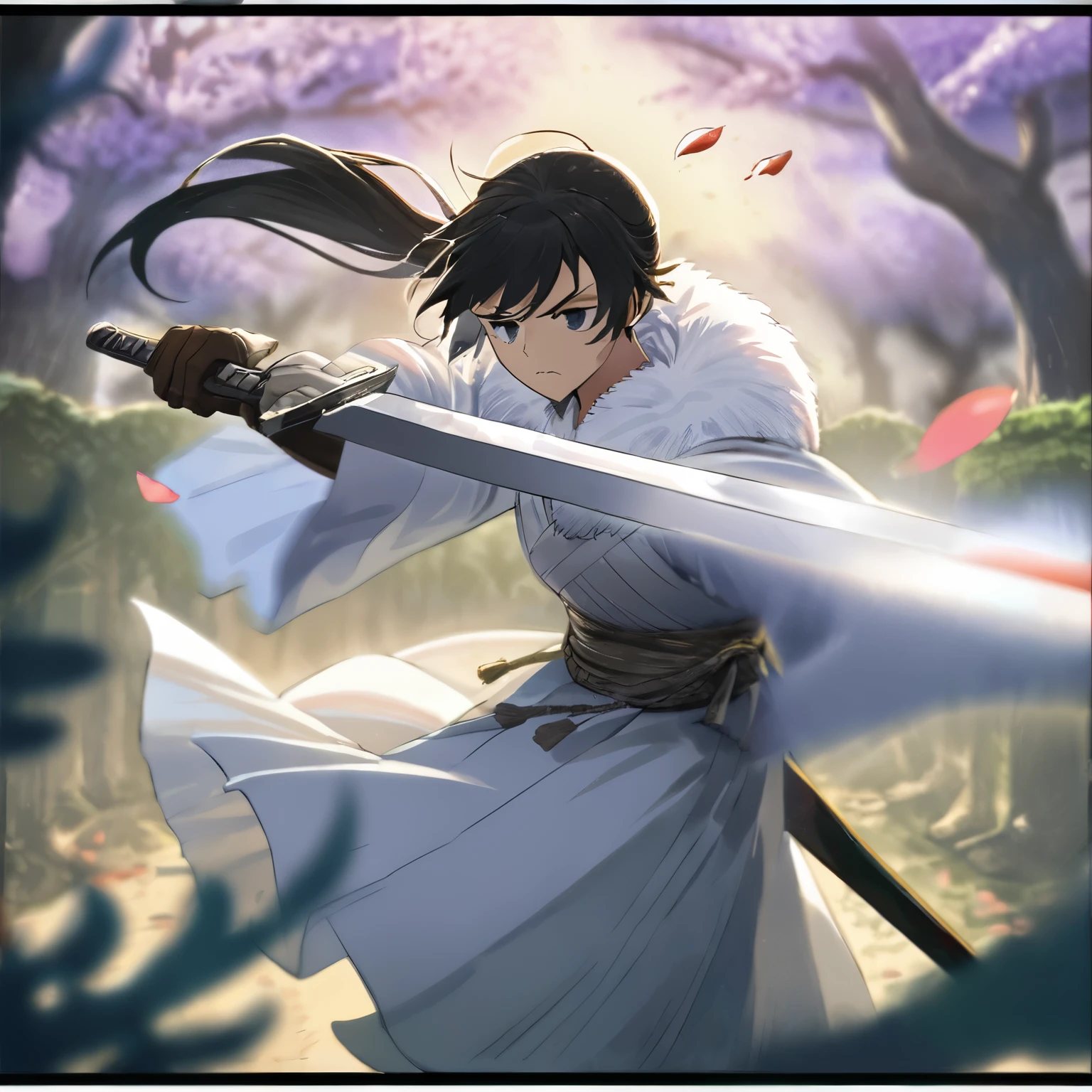 (windy),(blood),(motion blur),(dress in white),Petals fluttering in the wind, shining swords, helpless expression, anger, fighting with death, very detailed expression, very detailed petals,ponytail, 2swordsman fighting,fight,gongfu,stand in trees, 2swordsman stood in a peach tree forest with petals dancing,petals , detailed ,completing the stable diffusion of serenity and contentment,masterpiece, best quality,masterpiece, best quality, swordman,holding a sword(trees:0.5),(eagle:0.5), (bamboo:0.2) fighting stance, 1man, glowing, solo, weapon, sword, tree, holding, gloves, outdoors, sheath, border, holding weapon, black hair, holding sword, fur trim, looking away,look at view