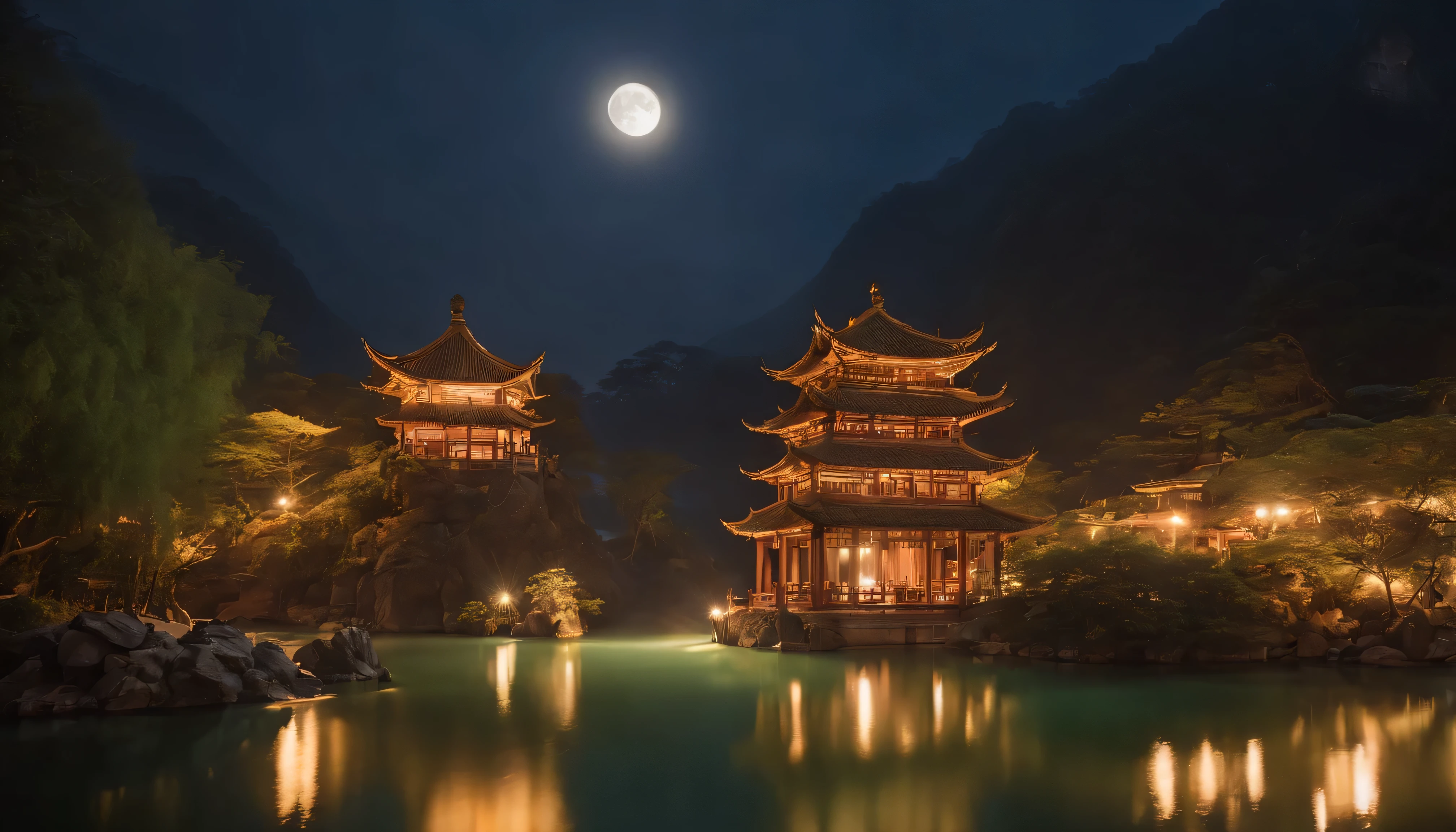 masterpiece,best quality,Chinese martial arts style,an asian night scene with lanterns and water lilies,asian pond with many lanterns and boatsa night scene with many lights and boats in the water, Lake surface, lotus flowers,beautiful night scene,(((Chinese martial arts style))), with vast sky, continuous mountains and steep cliffs, ink wash style, outline light, atmospheric atmosphere, depth of field, mist rising, bamboo, pine trees, octagonal stone pavilion, waterfall flowing water,big full moon