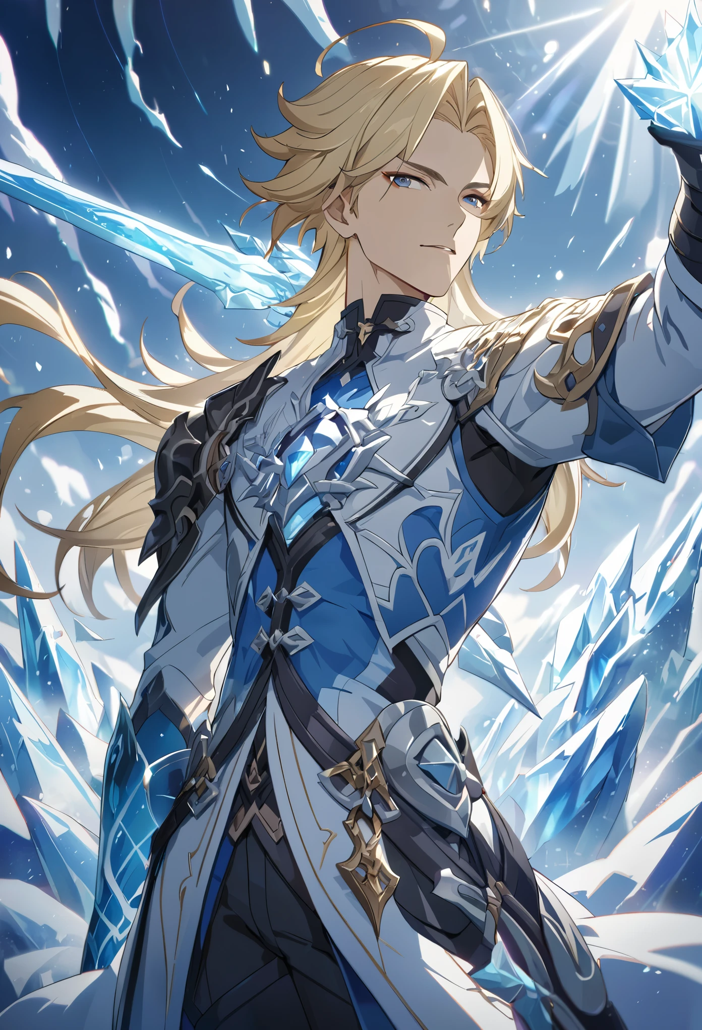 ((solo)), blond hair, messy hair, a close up of a person with a sword in a field of ice, detailed key anime art, honkai star trail character, casimir art, masamune shiro, masamune, handsome guy in demon slayer art, genshin, heise jinyao, shadowverse style, (no logos), ice, ice powers, blizzards, detailed clothes, depth of field, cinematic lighting, ray tracing, UHD, high details, best quality, highres, high quality, award winning, super detail, masterpiece, 8k
