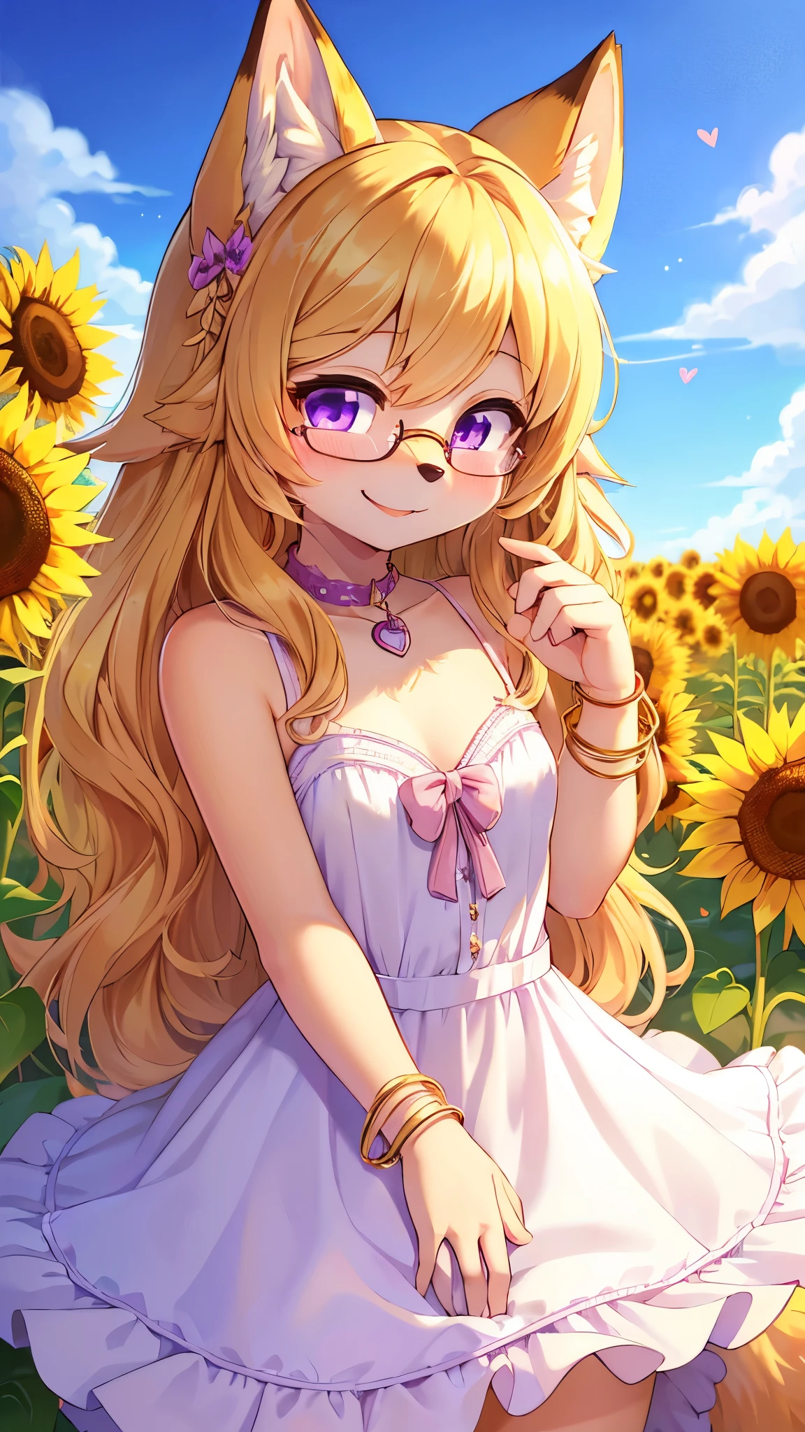 best quality,best resolution,(fluffy anthro furry :1.3),fox girl,purple eyes,sparkle eyes,small breasts,yellow long hair,curly hair,glasses,heart collar,cute bracelets,cute white dress with ribbon on back,ruffles,sunflower hair ornament,sunflower field,looking at viewer,full face blush,happy face,smile,shy pose