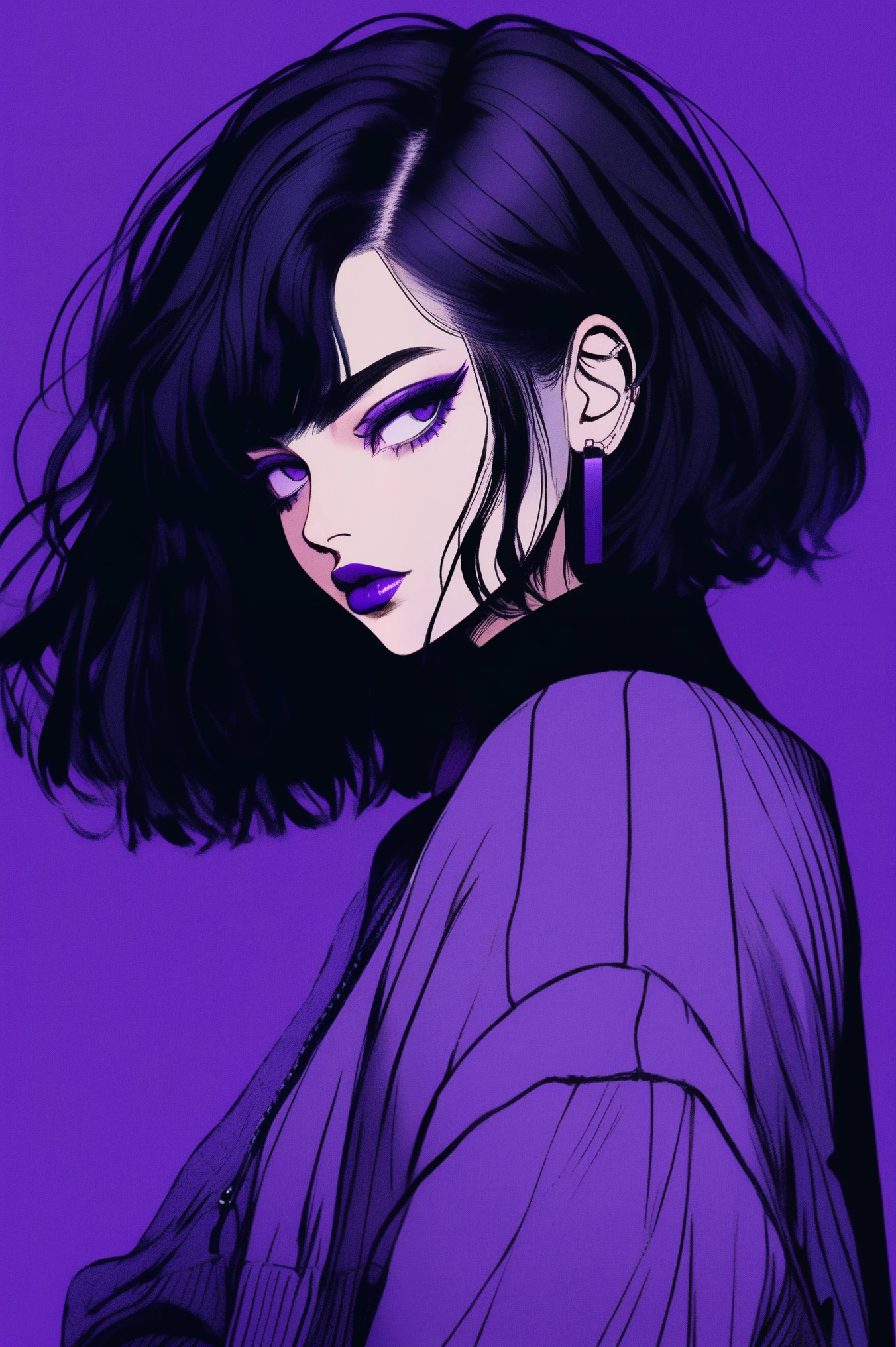 (best quality, sketch:1.2),realistic,illustrator,anime,1 girl, detailed lips,sweater,custom, ( background dark),neon hair,textured cropping,Canadian, masterpiece, style retro classic, noir dark, art, sketch book, ((bob hair,purple:1.35, black:1.55)), bad women 