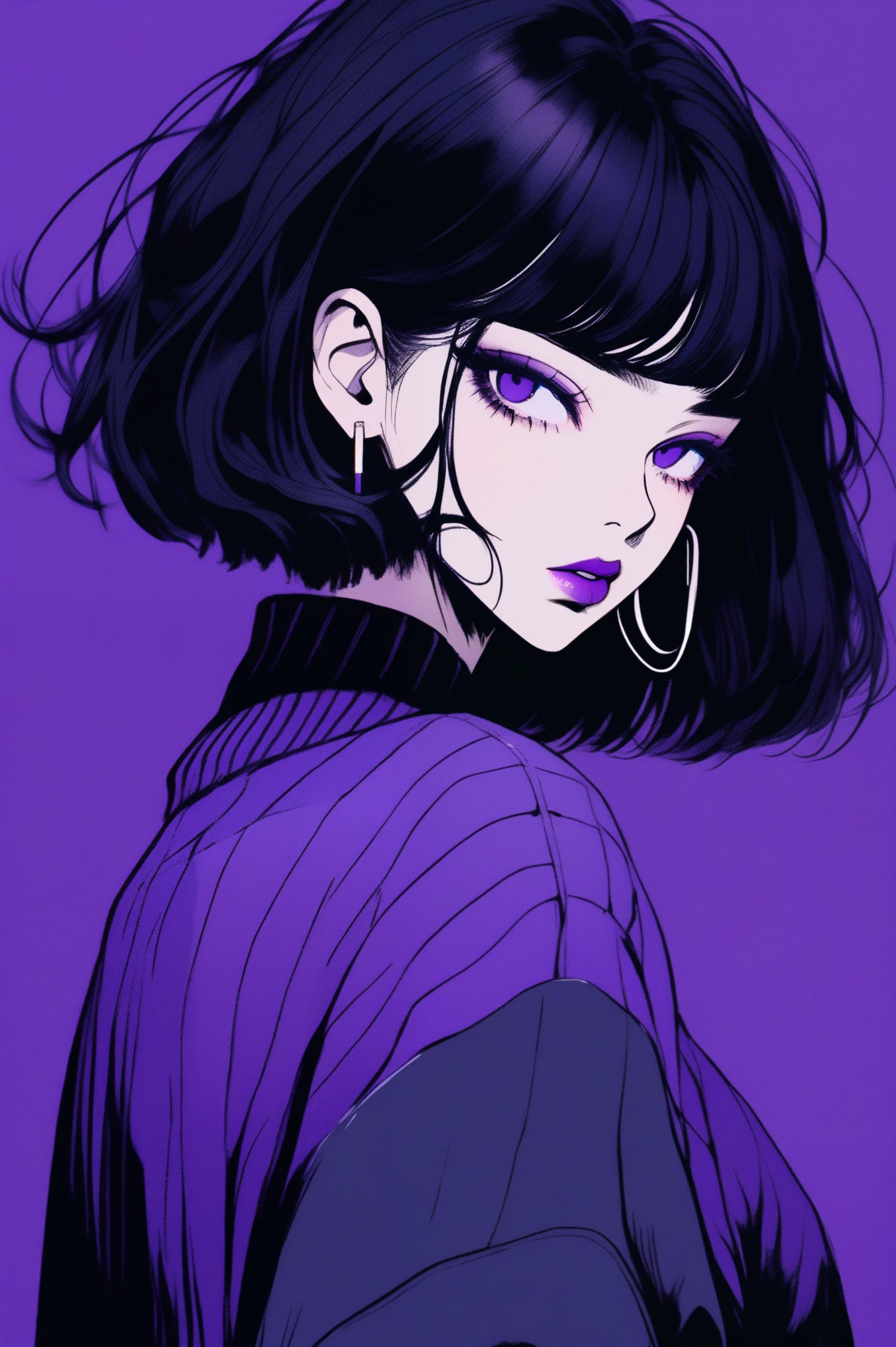 (best quality, sketch:1.2),realistic,illustrator,anime,1 girl, detailed lips,sweater,custom, (background dark monochrome),neon hair,textured cropping, masterpiece, style retro classic, noir dark, art, sketch book, (bob hair purple:1.35, black:1.75), bad women
