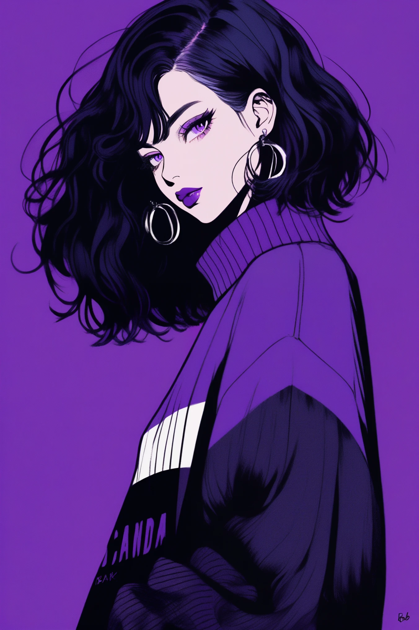 (best quality, sketch:1.2),realistic,illustrator,anime,1 girl, detailed lips,sweater,custom, ( background dark),neon hair,textured cropping,Canadian, masterpiece, style retro classic, noir dark, art, sketch book, (bob hair purple:1.35, black:1.55), bad women
