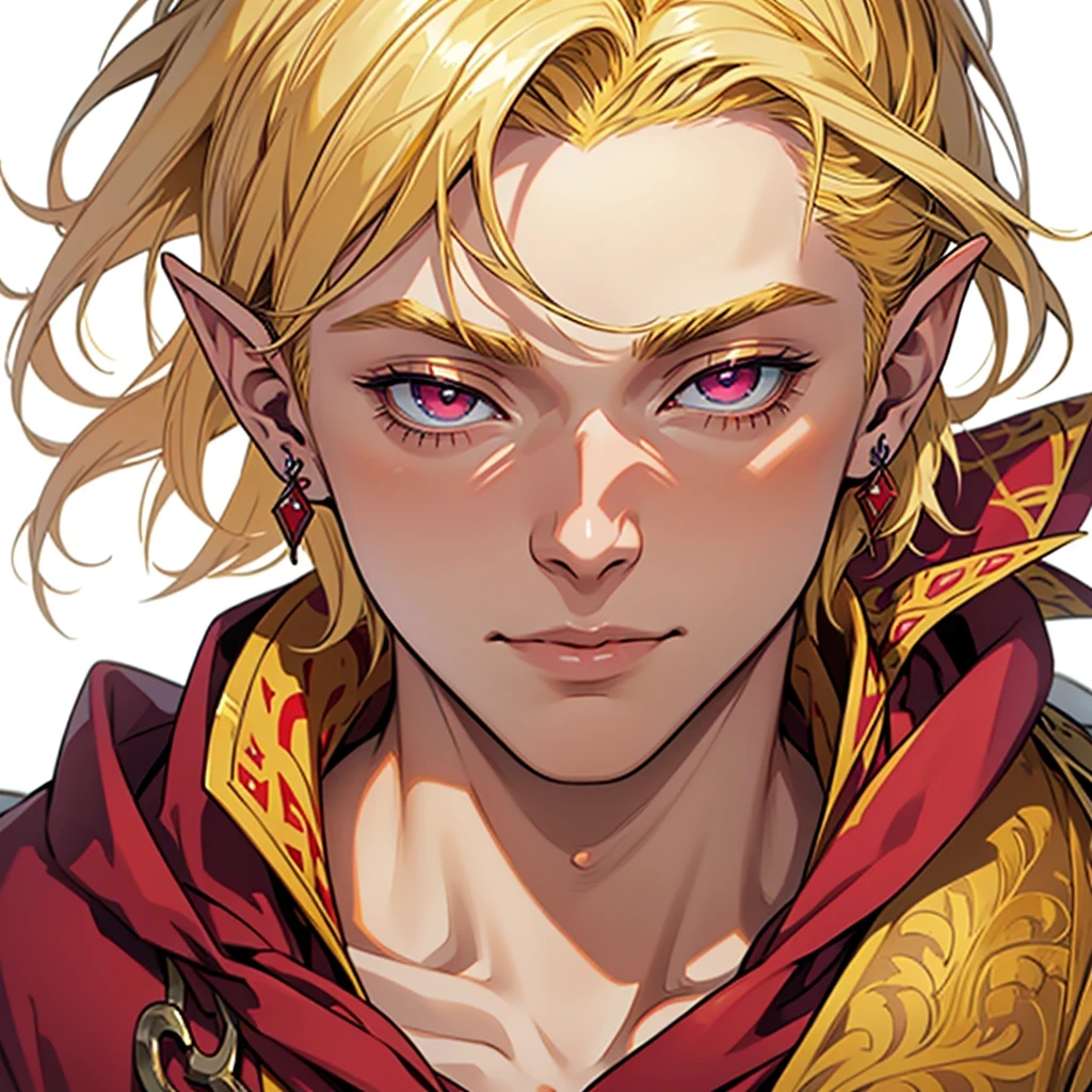 medieval anime art, masterpiece, best quality, male, solo, (((close-up face portrait))), detailed composition, detailed eyes, (((white background))), short blond hair, magenta eyes, elf, earrings, (((wearing red and yellow wizard clothes))), beautiful, mature, slim