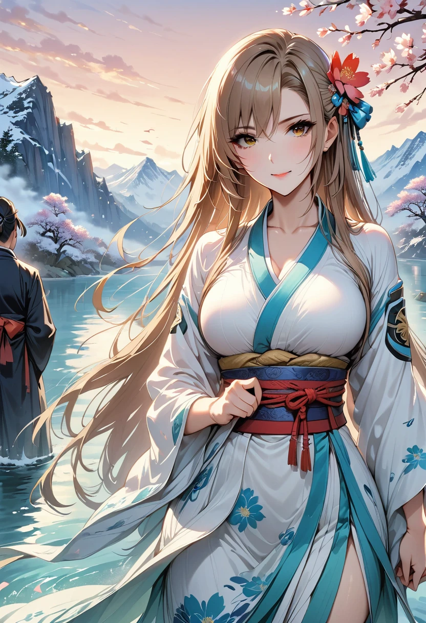two-dimensional，anime style，one person（male warrior:1.5,chest muscles），Correct proportions，facial details，swordsman，High ponytail hairstyle，neck details，There is an Adam，clothing details，transfer，long sleeve，Game quality，Ray tracing，Ray tracing，delicate luster，CG rendering，Hair details，long white hair，blue eyes，Handsome，Handsome，（feeling of youth），Costumes are complicated，perfect composition，refine，high quality，more details，complex background，a sense of atmosphere，