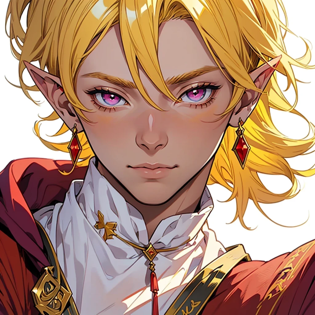 medieval anime art, masterpiece, best quality, male, solo, (((close-up face portrait))), detailed composition, detailed eyes, (((white background))), short blond hair, magenta eyes, elf, earrings, (((wearing red and yellow wizard clothes))), beautiful, mature, slim