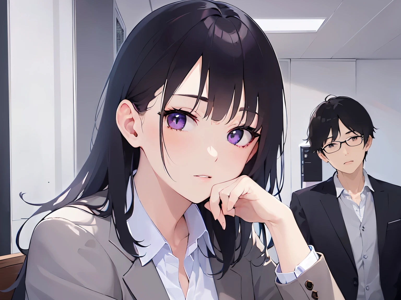Biologically correct five fingers、hand on own cheek, Upper Body, Realistic, real person, (pale skin: 1.2), RAW photo, photorealistic, portrait photography, shiny skin, japanese idol、shiny hair、(25 year old woman with straight medium hair with bangs) and (black hair) and (purple eyes) , (gray suit:1.5) and (white collared shirt) and (long sleeve) 、sad, The background is a company conference room、Alone、Are standing