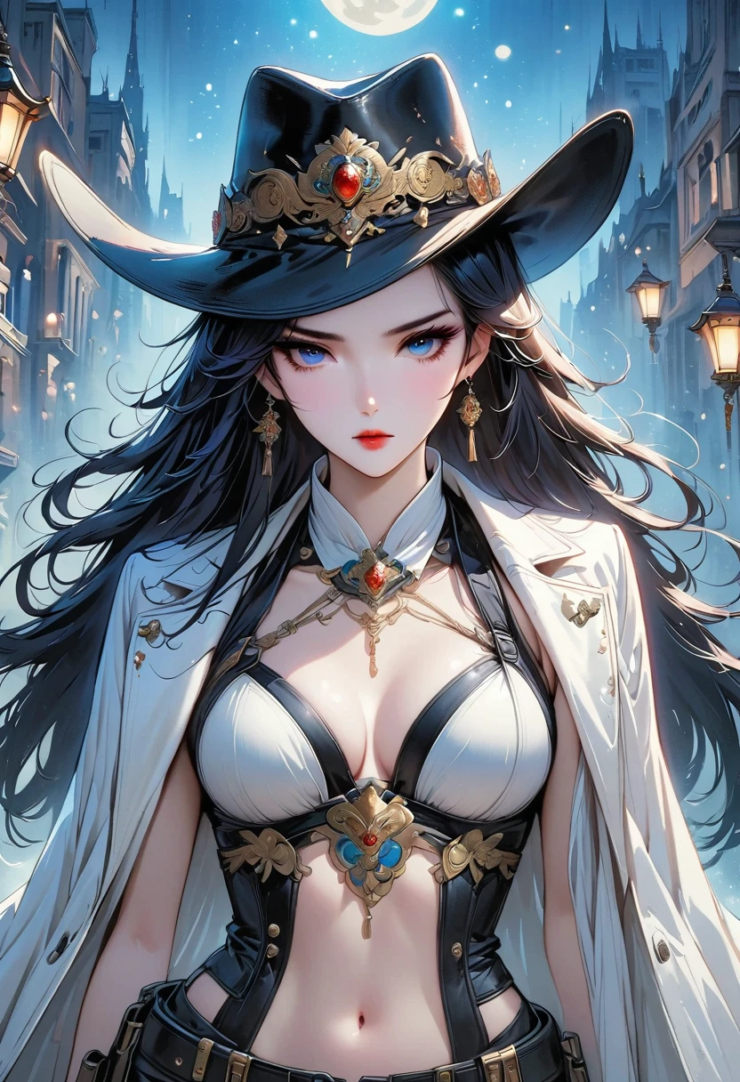 two-dimensional，anime style，one person（male warrior:1.5,chest muscles），Correct proportions，facial details，swordsman，High ponytail hairstyle，neck details，There is an Adam，clothing details，transfer，long sleeve，Game quality，Ray tracing，Ray tracing，delicate luster，CG rendering，Hair details，long white hair，blue eyes，Handsome，Handsome，（feeling of youth），Costumes are complicated，perfect composition，refine，high quality，more details，complex background，a sense of atmosphere，