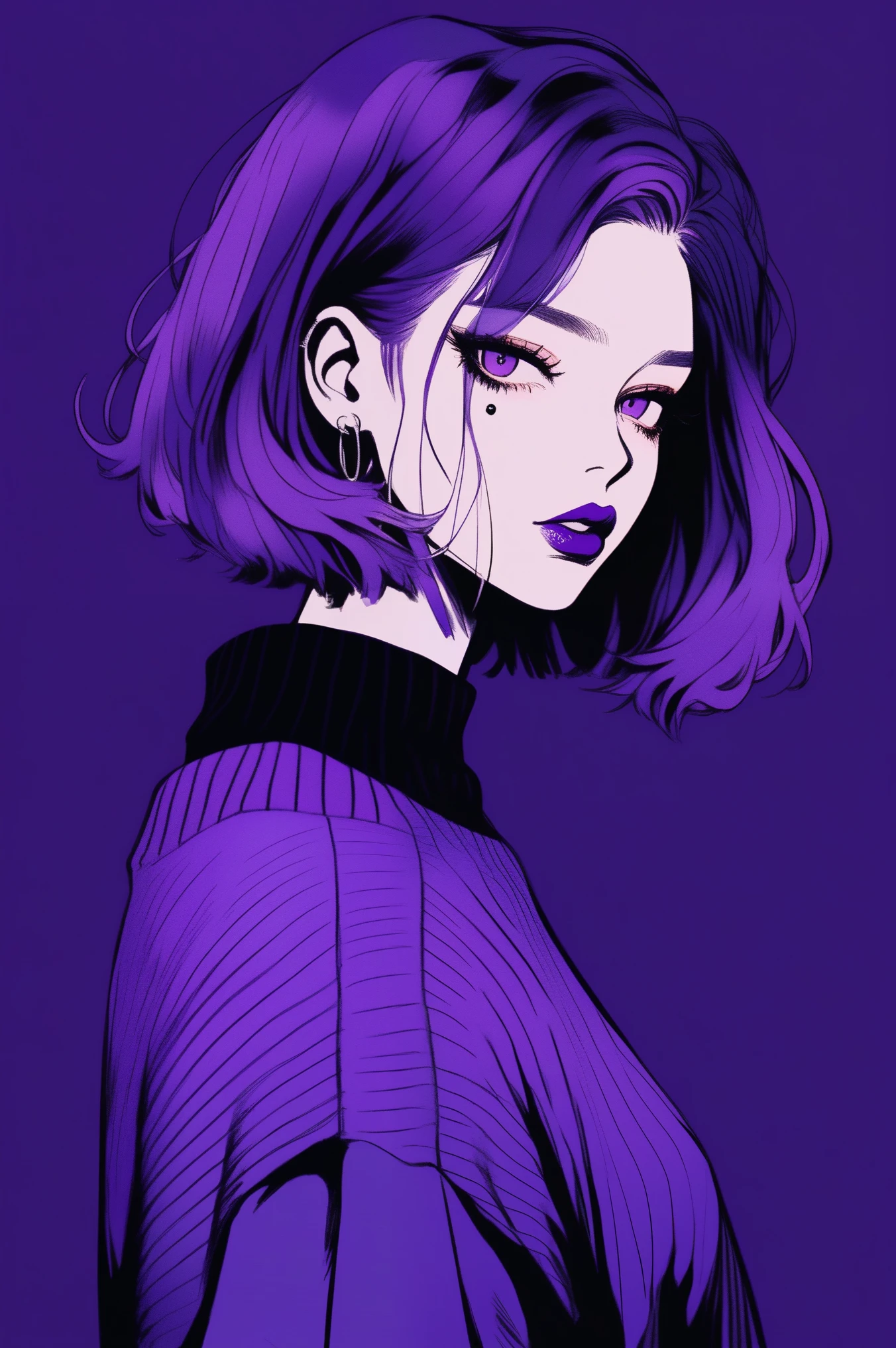 (best quality, sketch:1.2),realistic,illustrator,anime,1 girl, detailed lips,sweater,custom, dark background,neon hair,textured cropping,Canadian, masterpiece, style retro classic, noir dark, art, sketch book, (bob hair purple:1.35, black:1.55), bad women 