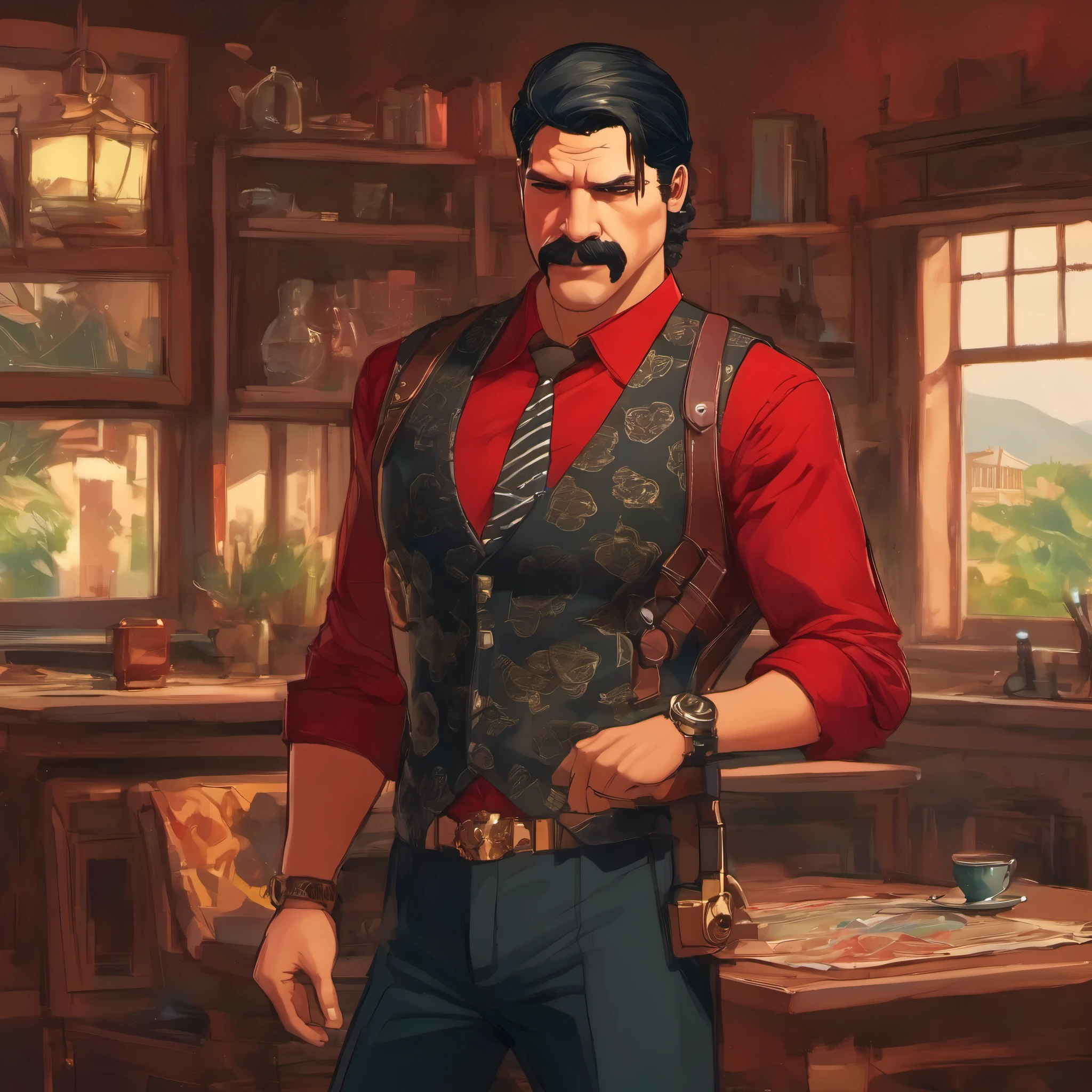 (obra maestra, Mejor calidad:1.2), 1 chico, solo, thenahualli, serious, dangerous man, elegant, elegante, black vest, red shirt, standing, vigilando, actitud vigilante, en casa de lujo en Bel-Air, casa de lujo moderna