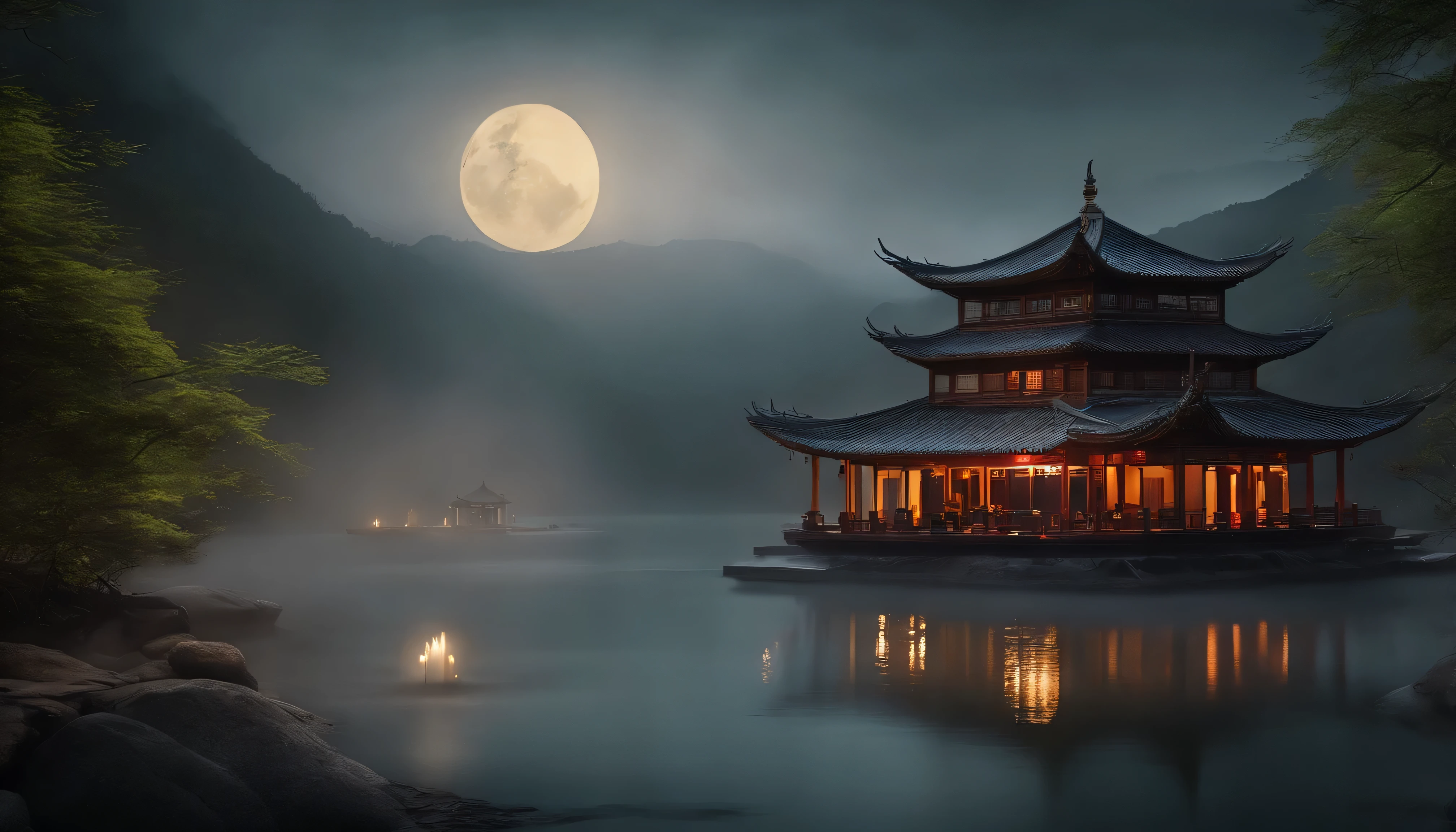 masterpiece,best quality,Chinese martial arts style,an asian night scene with lanterns and water lilies,asian pond with many lanterns and boatsa night scene with many lights and boats in the water, Lake surface, lotus flowers,beautiful night scene,(((Chinese martial arts style))), with vast sky, continuous mountains and steep cliffs, ink wash style, outline light, atmospheric atmosphere, depth of field, mist rising, bamboo, pine trees, octagonal stone pavilion, waterfall flowing water,big full moon