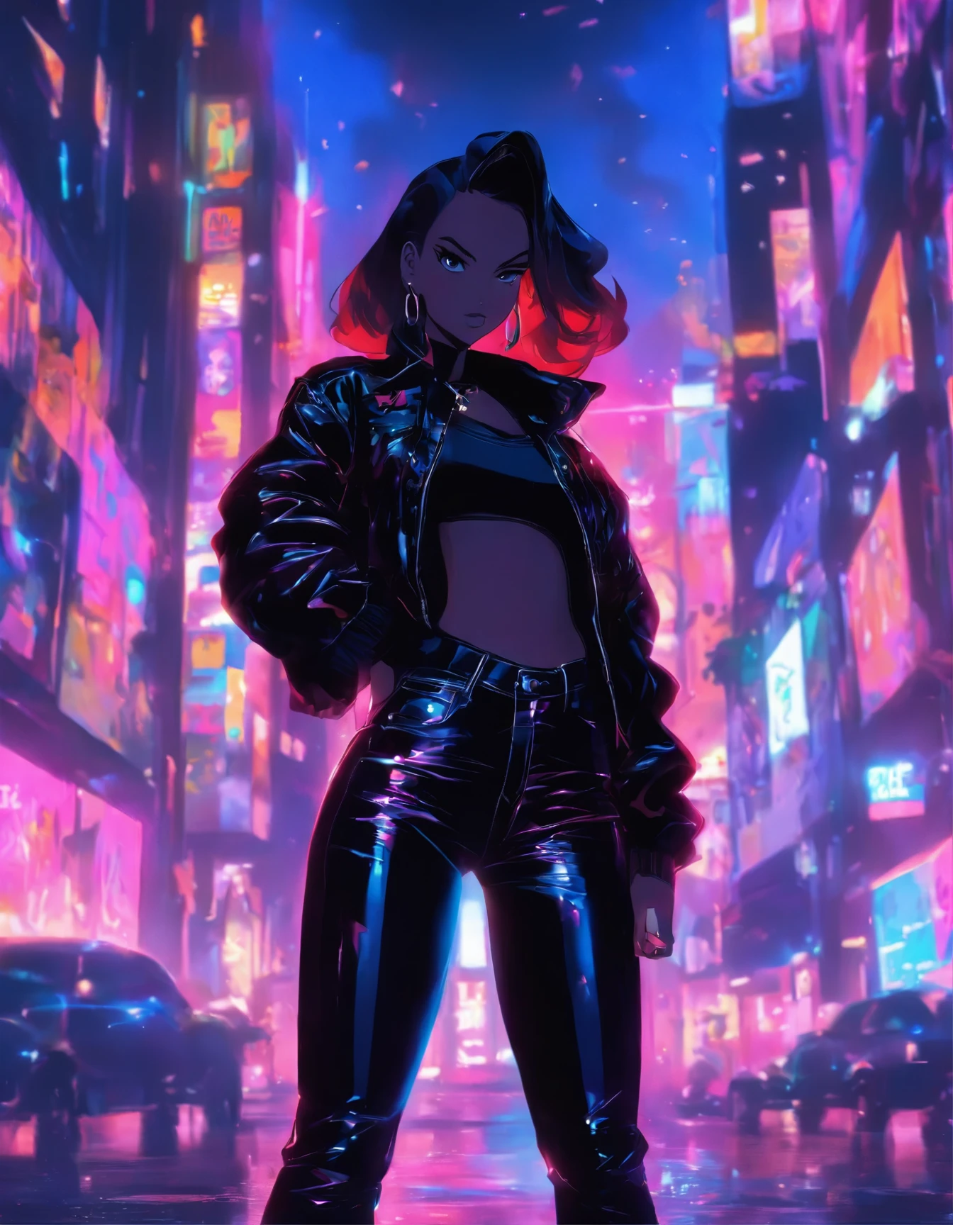 a woman in black leather pants and a black jacket standing in a park, wearing black tight clothing, thick, tight outfit, thick thigs, thicc, she is wearing streetwear, she wears leather jacket, she wears a jacket, leather, 🍂 cute, black jacket | shiny, dressed all in black, black outfit, black leather, inspo, thick dark hair