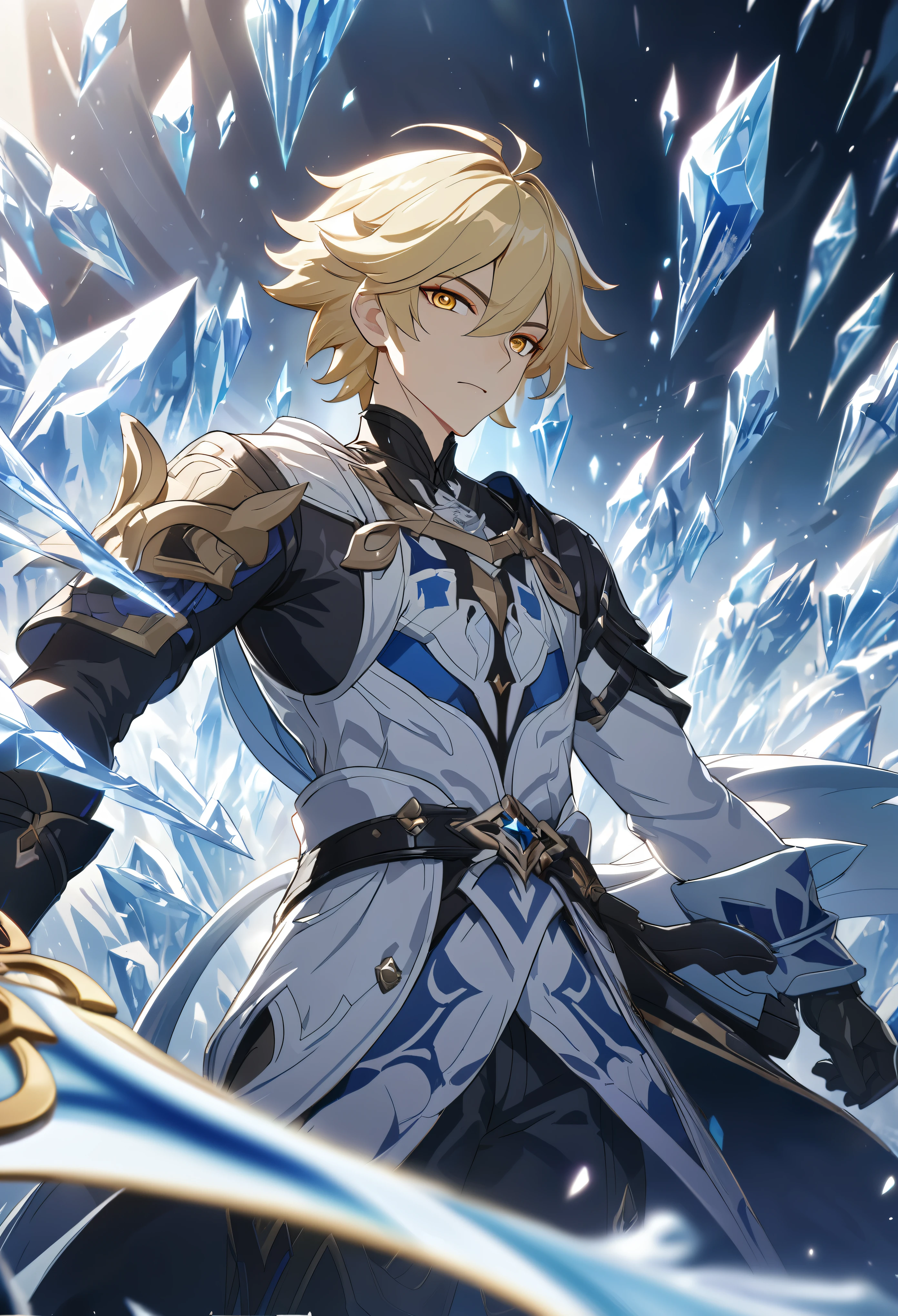 ((solo)), yellow eyes, blond hair, short messy hair, a close up of a person with a sword in a field of ice, detailed key anime art, honkai star trail character, casimir art, masamune shiro, masamune, handsome guy in demon slayer art, genshin, heise jinyao, shadowverse style, (no logos), ice, ice powers, blizzards, detailed clothes, depth of field, cinematic lighting, ray tracing, UHD, high details, best quality, highres, high quality, award winning, super detail, masterpiece, 8k
