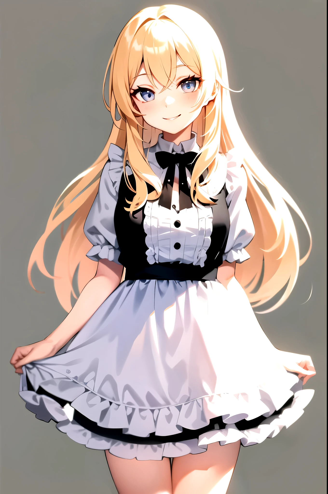 smile,  Cafe , blonde , long hair ,blue eyes , looking at the viewer, cowboy shot,  Are standing,  1 girl, upright , Black and white clothes, frills , No pose , (simple background) , take no pose , long eyelashes