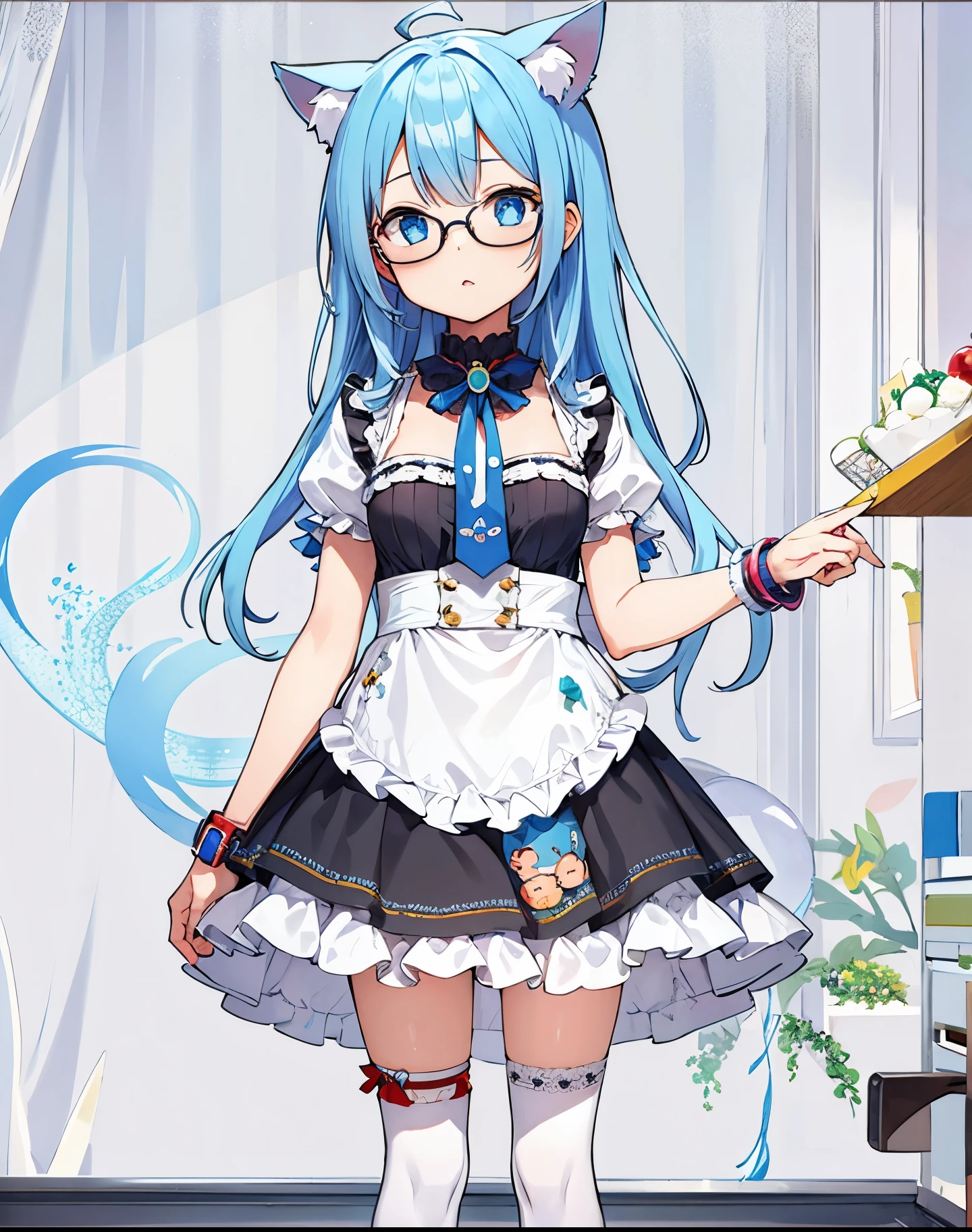 girl blue hair blue eyes Glasses nekomimi