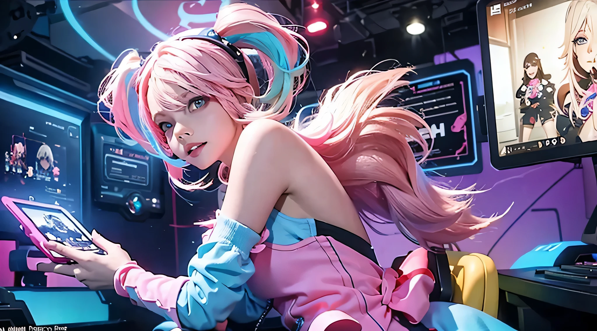 A girl with pink blue blond hair, wearing a colorful outfit and cosplay costume, stands in a dynamic pose. She has a playful expression on her face as she enjoys playing video games. The girl is a gamer, immersed in her virtual world, holding a console controller in one hand and a keyboard in the other. She wears headphones, symbolizing her dedication to gaming. The scene is set in a brightly lit studio with soft lighting, enhancing the vivid colors of the girl’s outfit. The composition is creative and cartoonish, with a background scenery featuring artistic interpretation of video game elements. Glowing digital effects surround the girl, adding to the energetic and action-packed atmosphere. Electric blue accents are scattered throughout the image, giving it a mysterious and futuristic feel. Overall, the prompt aims to capture the fun, enthusiasm, and creativity associated with gaming, while showcasing the girl's passion and love for video games in an anime-style artwork.
Gamer girl pink blue blond hair sexy outfit