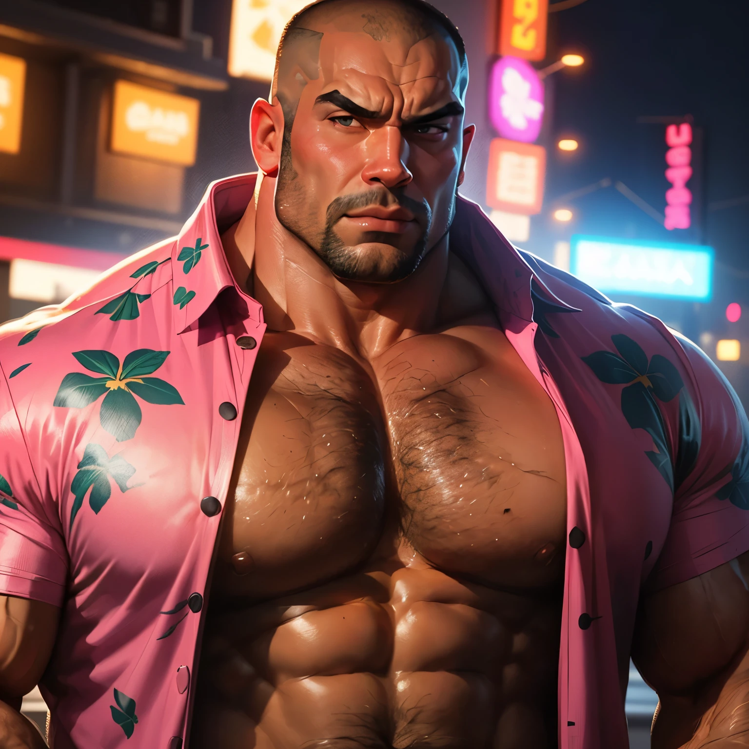 an exaggeratedly muscular and large bald bodyguard, beefy build, mixed race, (wearing Hawaiian shirt: 1.2), (bara pecs: 1.3), (arm and chest hair: 1.1), close-up portrait HD, night club with pink lights