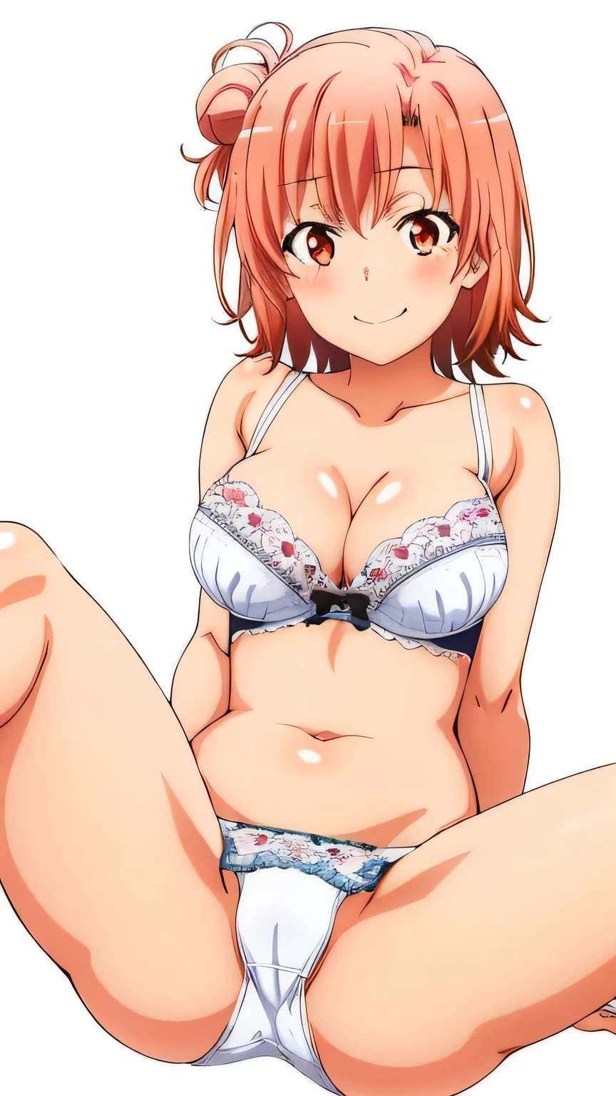 2 girls , , yuigahama yui , spread your legs,jump, Yuigahama Yui has a wonderful big bust and hips........................, In underwear,white bra,belly button,white panties,thighs,butt,look at the camera,shy,Troubled smile,blush,high angle,beautiful eyes ,