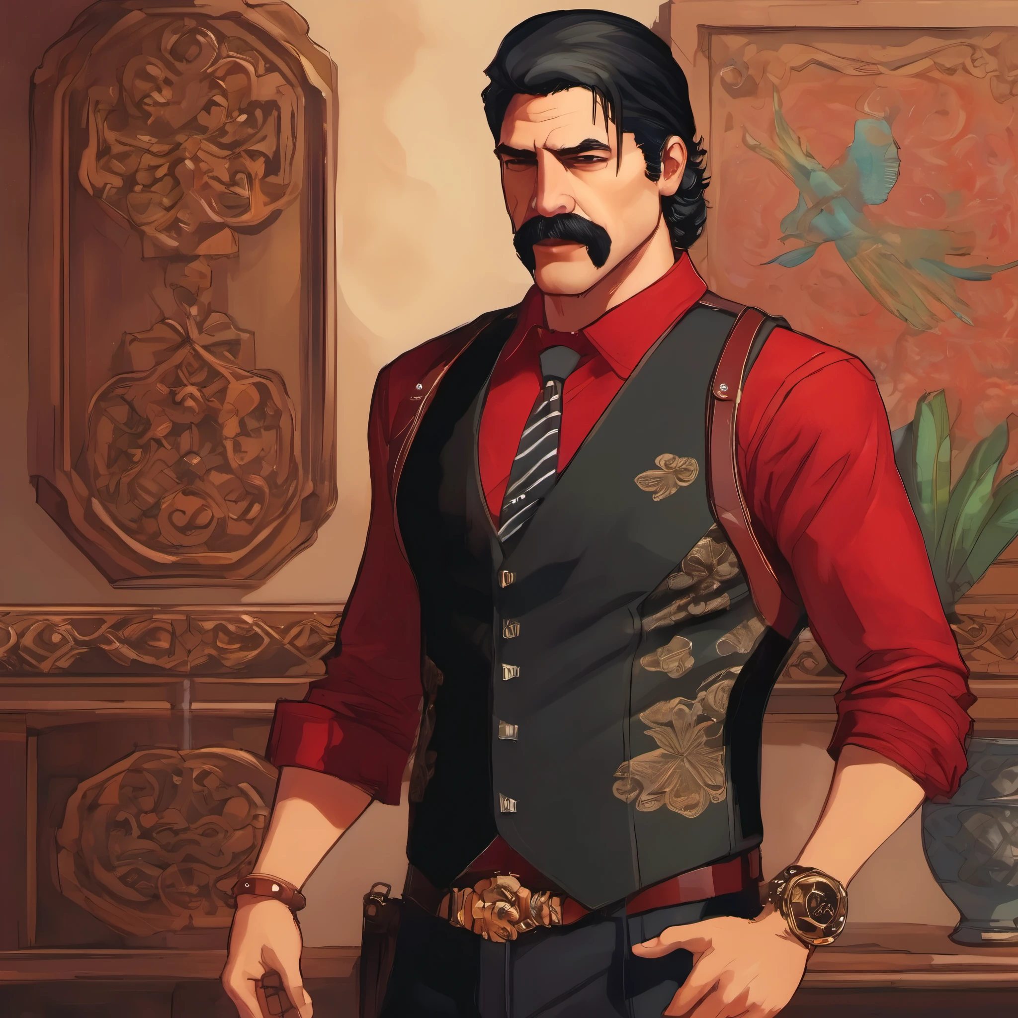 (obra maestra, Mejor calidad:1.2), 1 chico, solo, thenahualli, serious, dangerous man, elegant, elegante, black vest, red shirt, standing, vigilando, actitud vigilante, en casa de lujo en Bel-Air, casa de lujo moderna