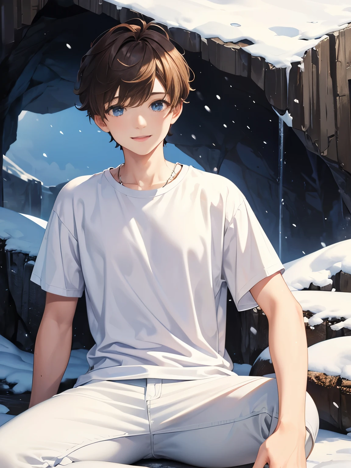 1boy,guy,blue eyes,Sitting in a cave, snow,15 years old,Curly hair,smile,happy expression,medium hair,undercut hairstyle,undercut,light brown hair,Plain t-shirt, white t-shirt,white trousers,ultra detail, perfect face, hd face, detailed face, masterpiece